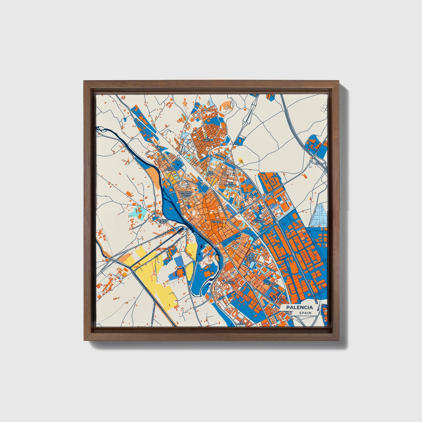 Palencia Spain Colorful City Map Canvas Print • Dark Wooden Framed