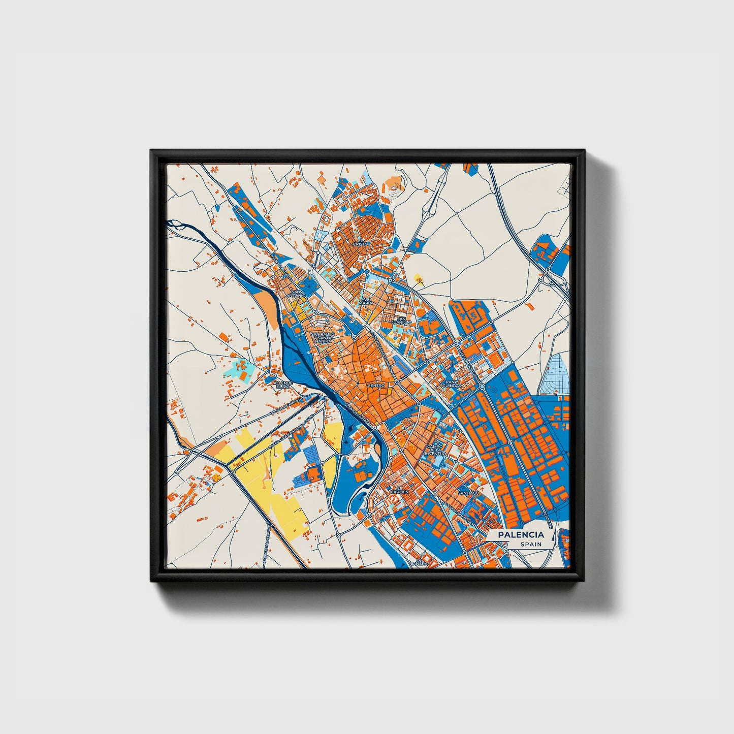 Palencia Spain Colorful City Map Canvas Print • Black Framed