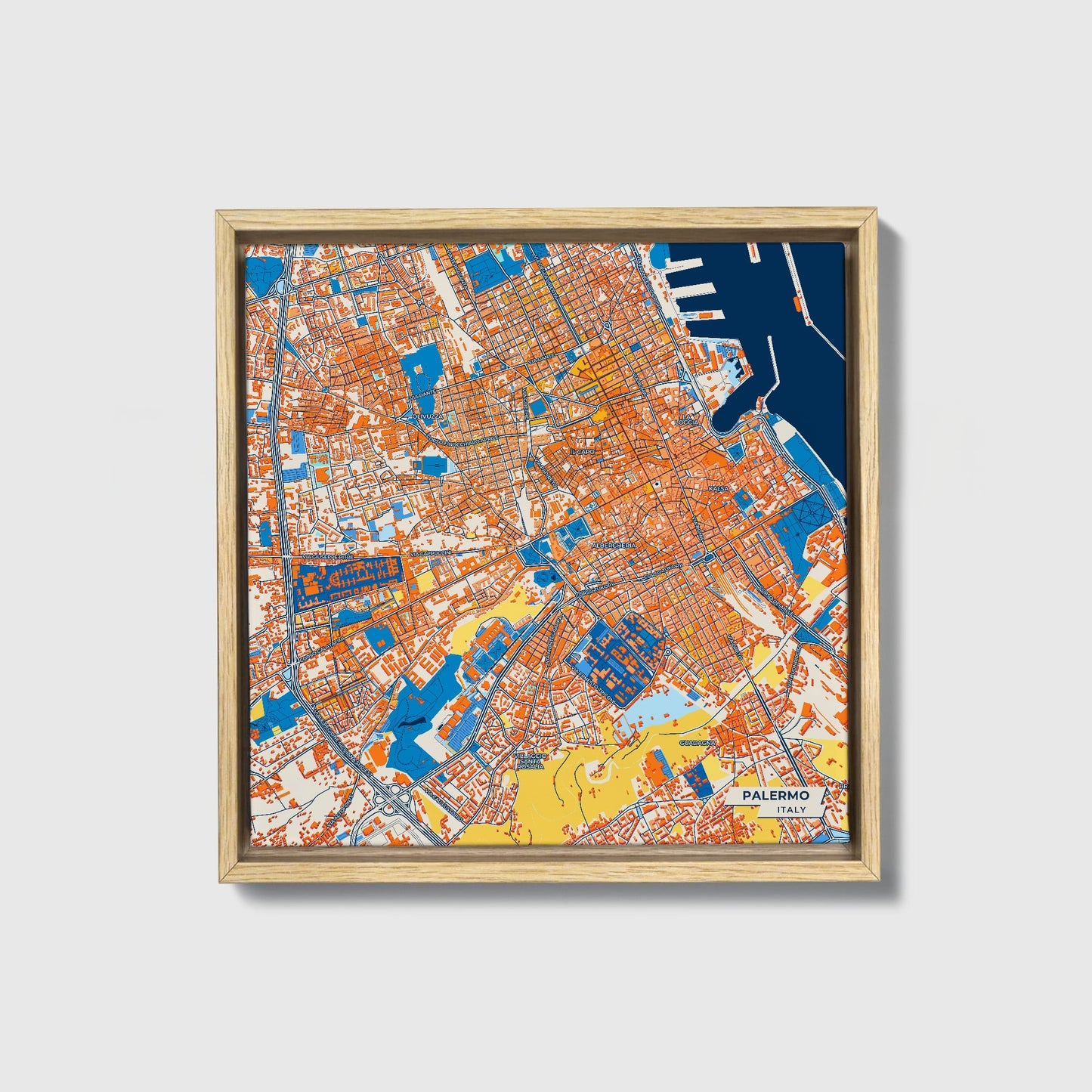 Palermo  Italy Colorful City Map Canvas Print • Natural Wooden Framed
