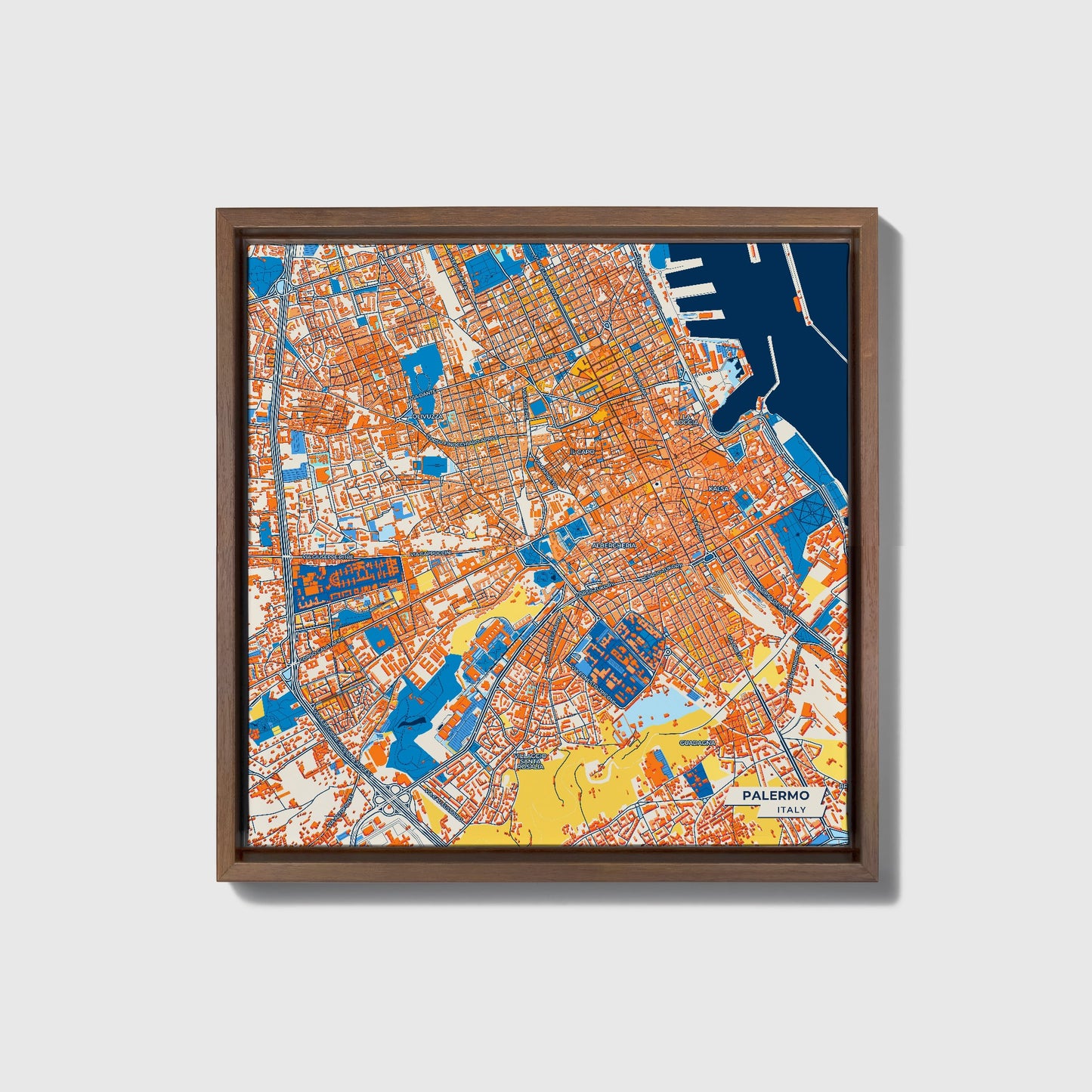 Palermo  Italy Colorful City Map Canvas Print • Dark Wooden Framed