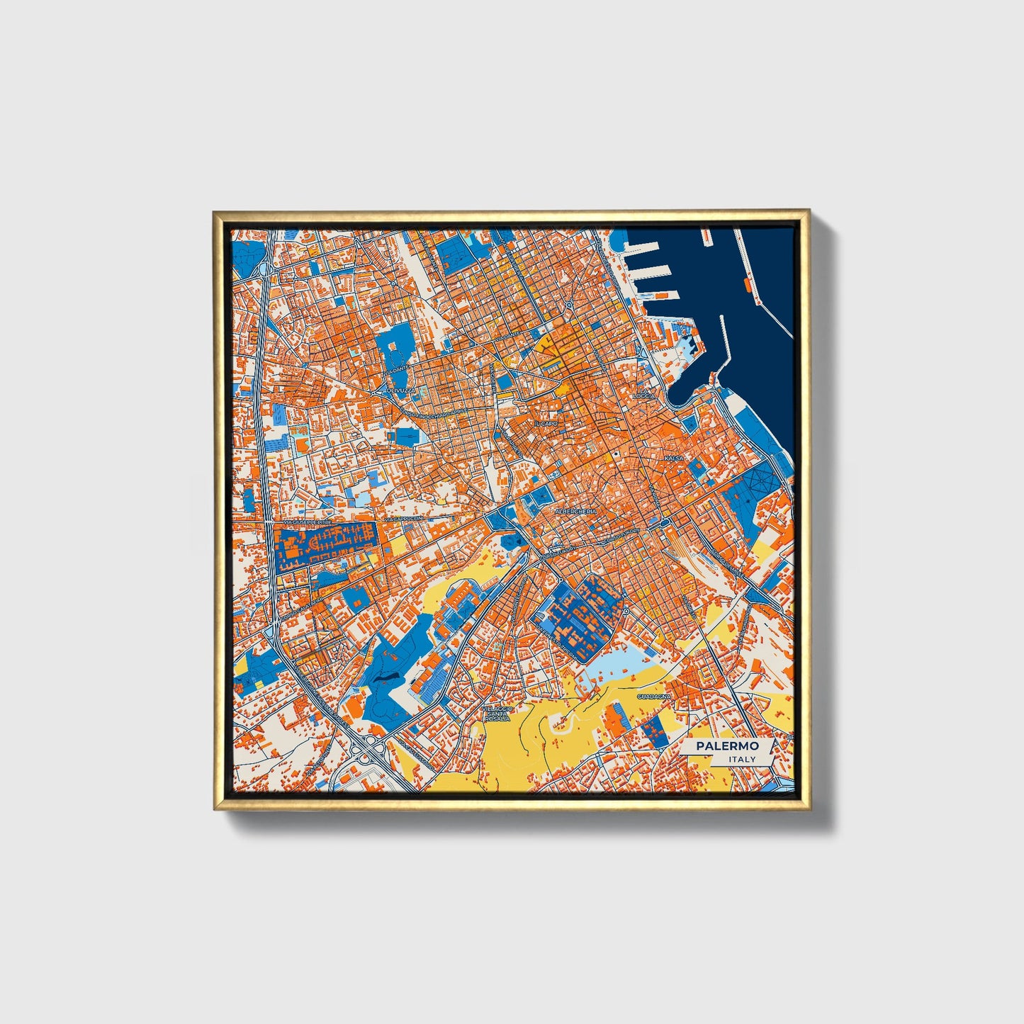 Palermo  Italy Colorful City Map Canvas Print • Gold Framed