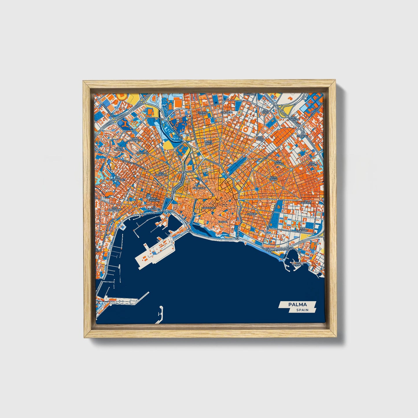 Palma Spain Colorful City Map Canvas Print • Natural Wooden Framed