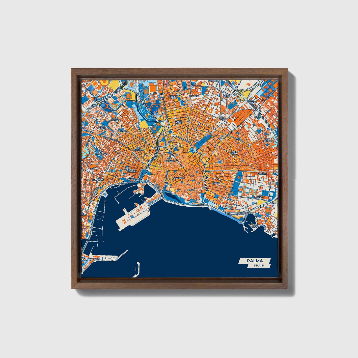 Palma Spain Colorful City Map Canvas Print • Dark Wooden Framed