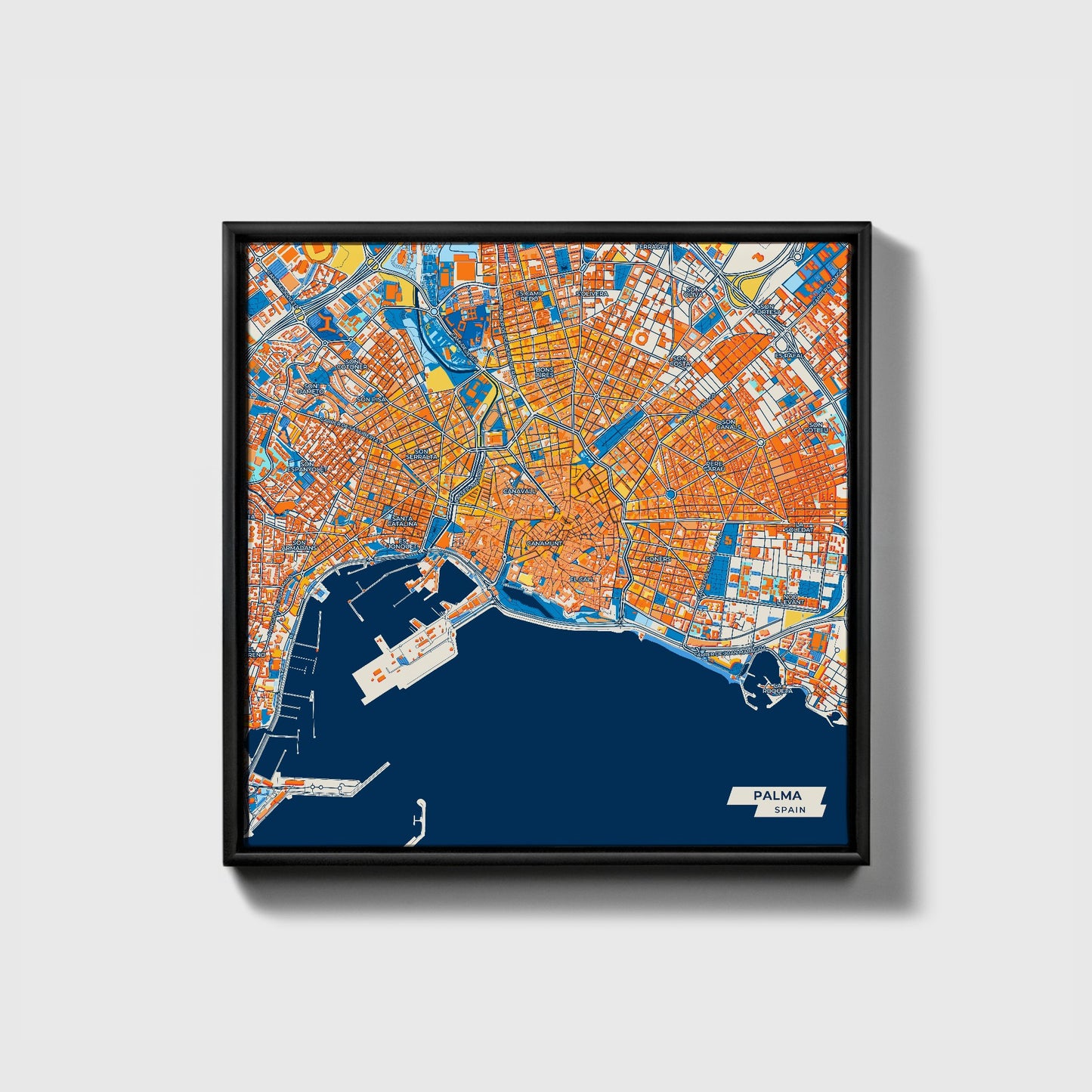 Palma Spain Colorful City Map Canvas Print • Black Framed