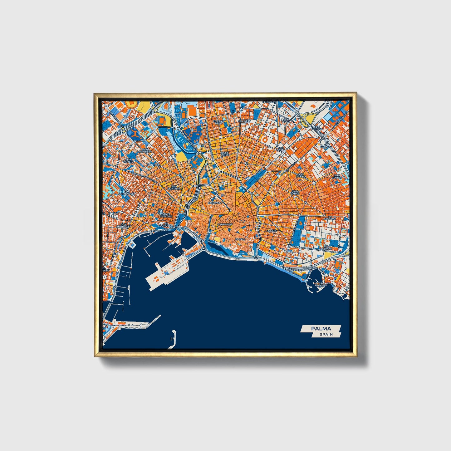 Palma Spain Colorful City Map Canvas Print • Gold Framed