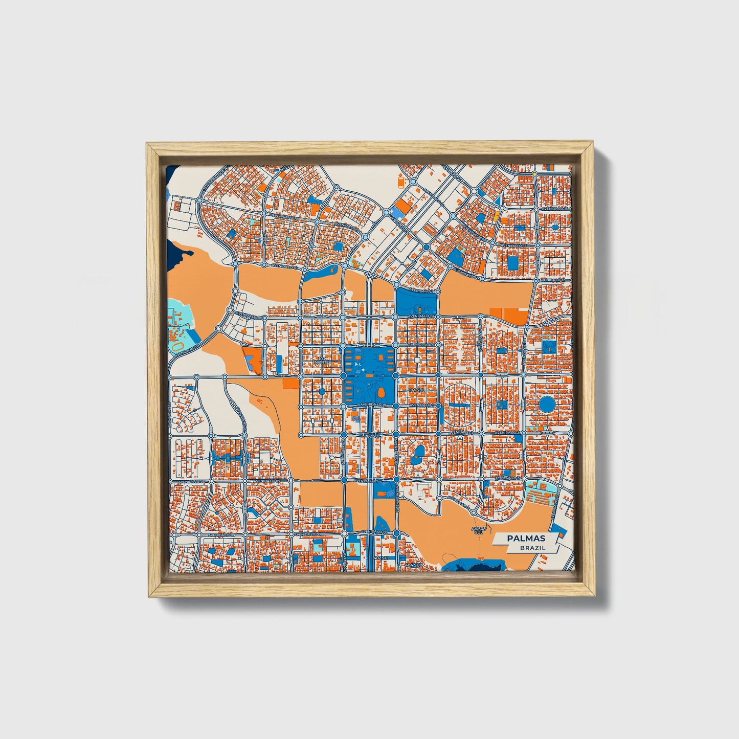 Palmas Brazil Colorful City Map Canvas Print • Natural Wooden Framed