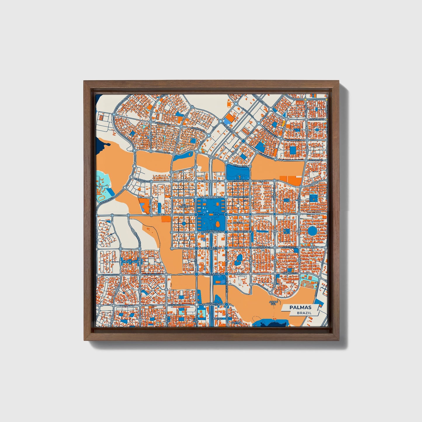 Palmas Brazil Colorful City Map Canvas Print • Dark Wooden Framed