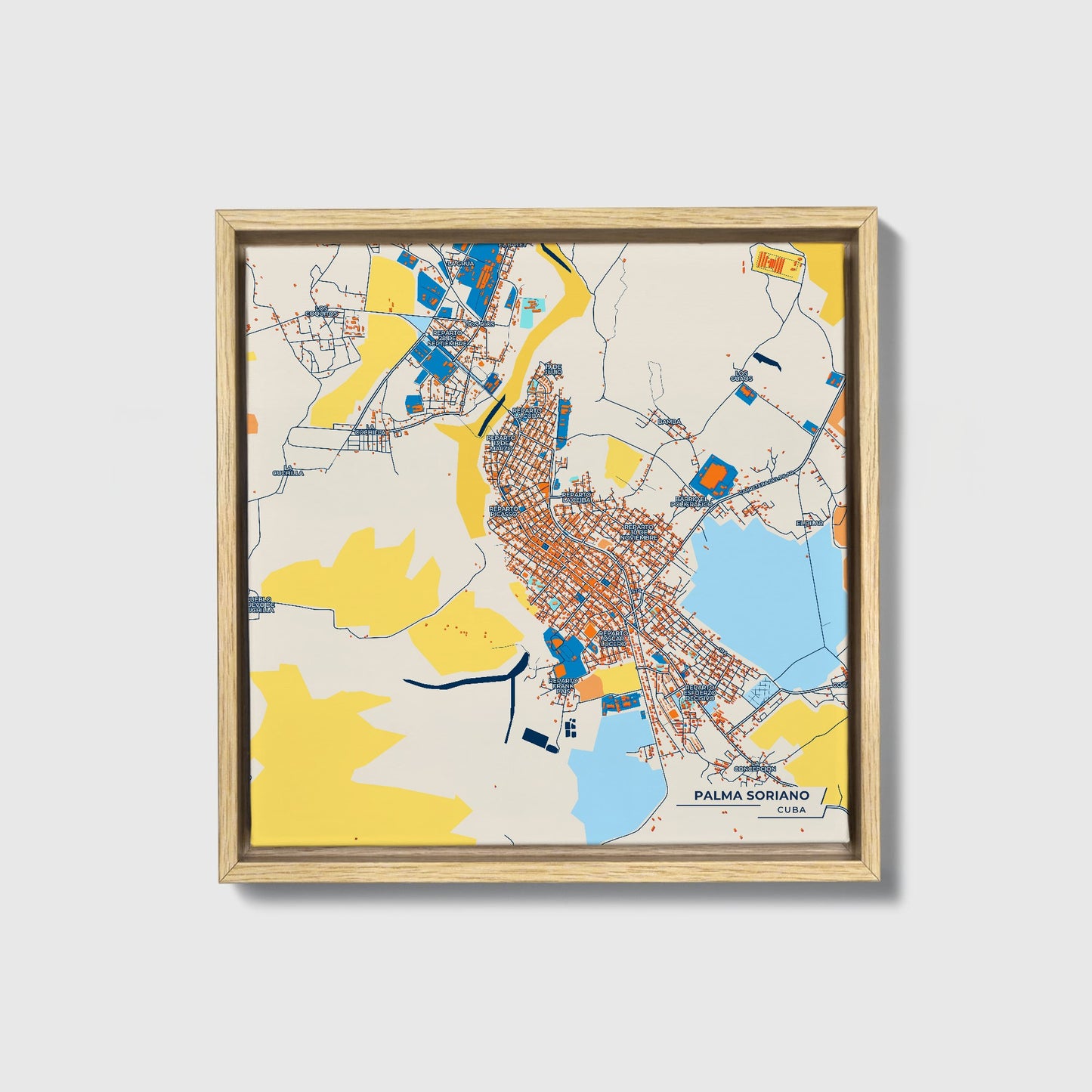 Palma Soriano Cuba Colorful City Map Canvas Print • Natural Wooden Framed