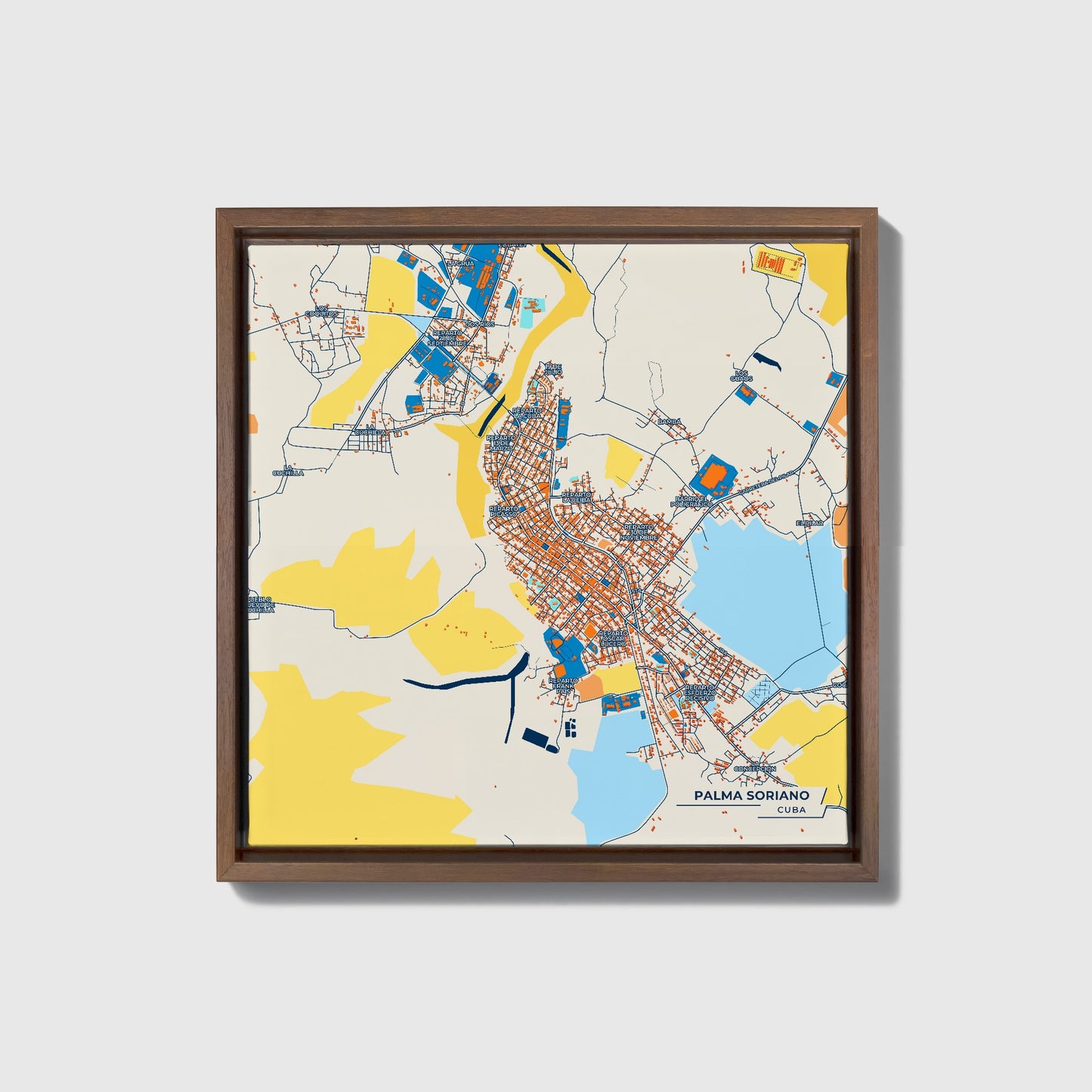 Palma Soriano Cuba Colorful City Map Canvas Print • Dark Wooden Framed