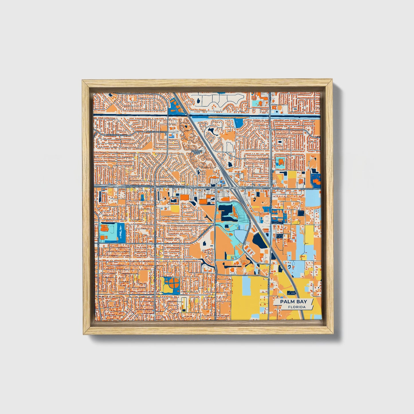 Palm Bay Florida Colorful City Map Canvas Print • Natural Wooden Framed