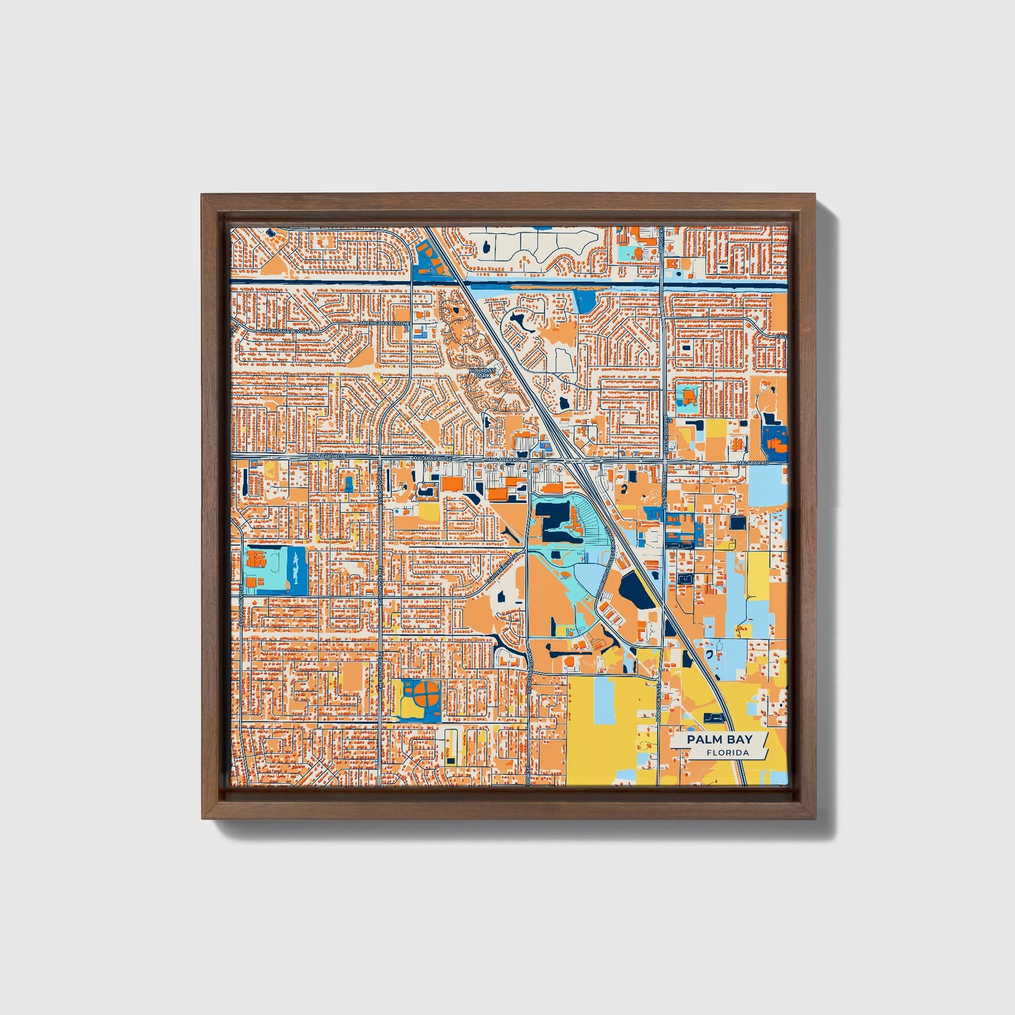 Palm Bay Florida Colorful City Map Canvas Print • Dark Wooden Framed