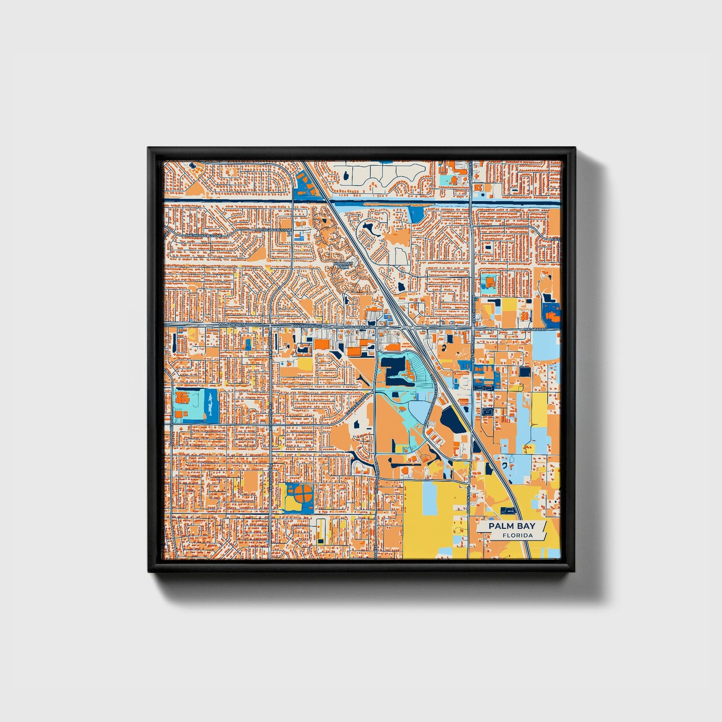 Palm Bay Florida Colorful City Map Canvas Print • Black Framed