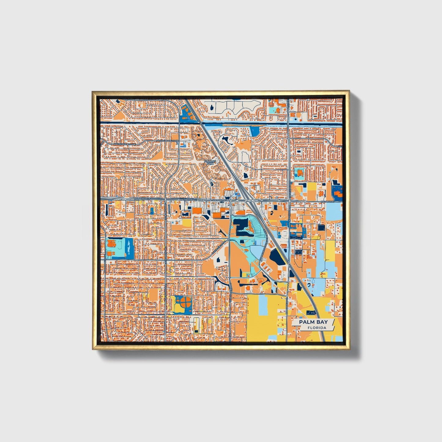 Palm Bay Florida Colorful City Map Canvas Print • Gold Framed
