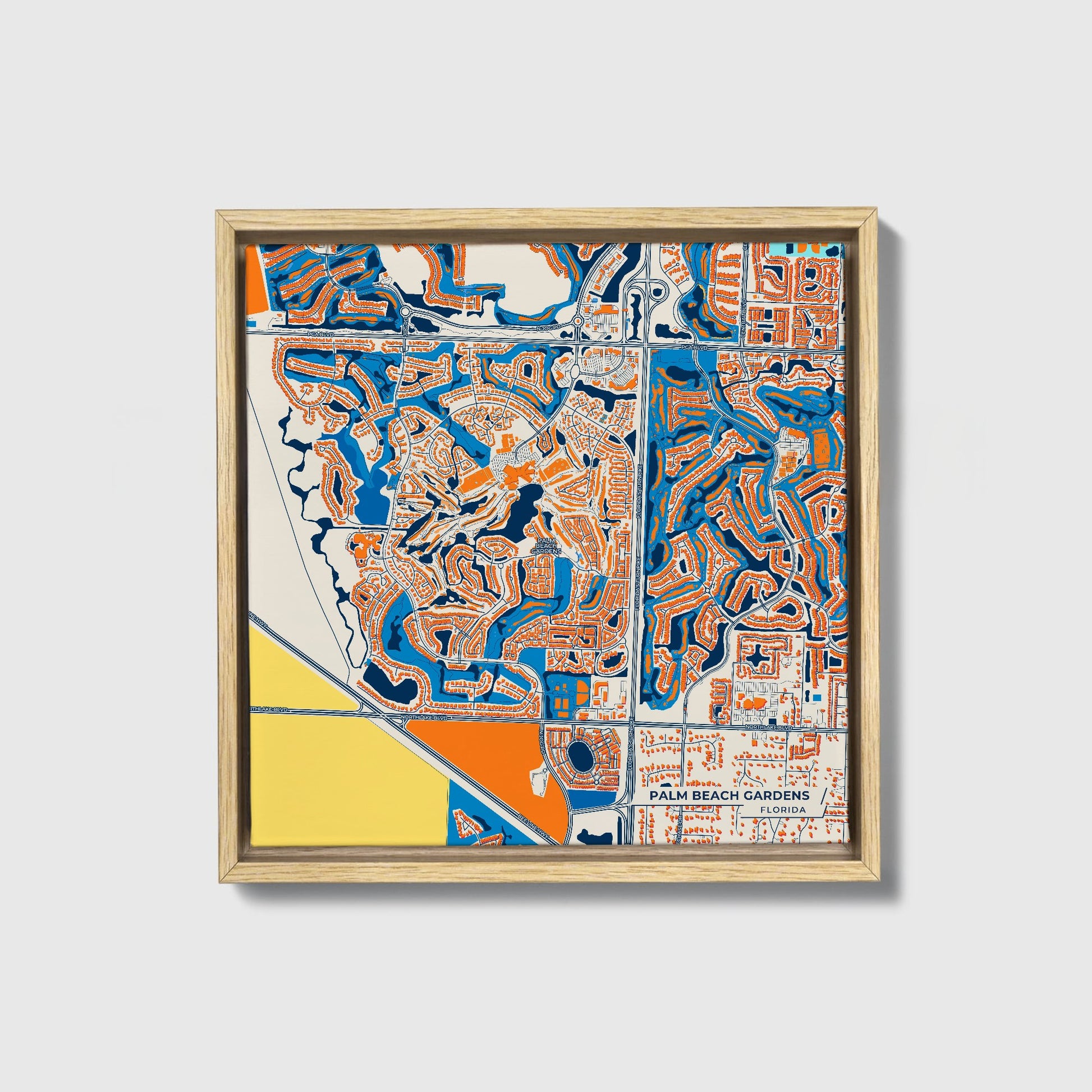 Palm Beach Gardens Florida Colorful City Map Canvas Print • Natural Wooden Framed