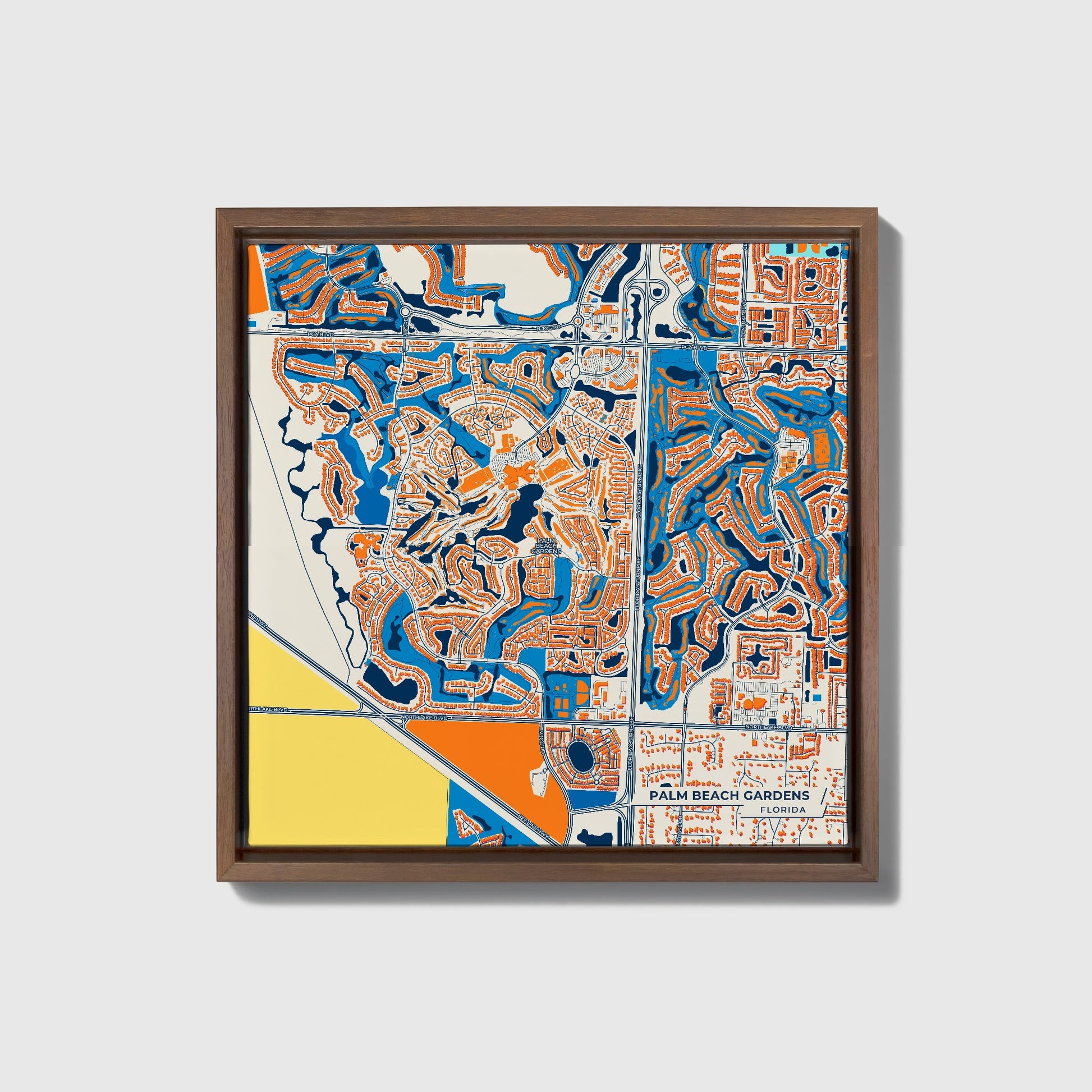 Palm Beach Gardens Florida Colorful City Map Canvas Print • Dark Wooden Framed