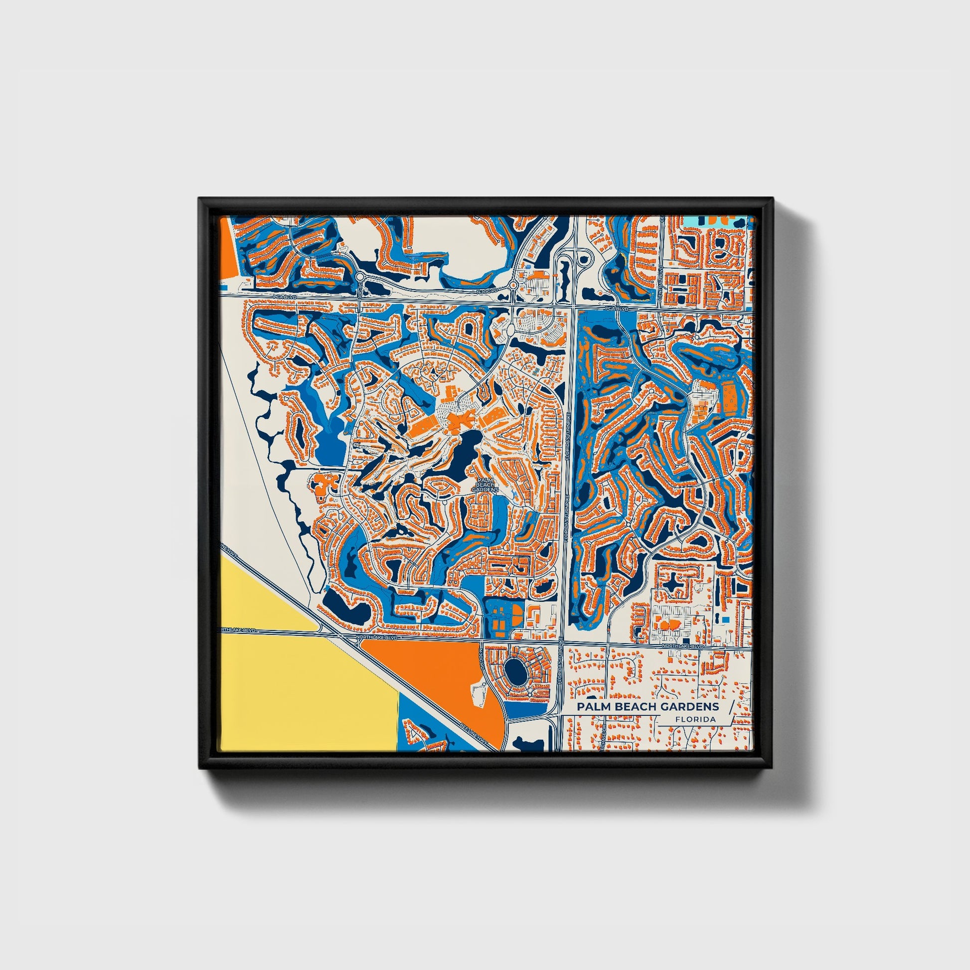 Palm Beach Gardens Florida Colorful City Map Canvas Print • Black Framed