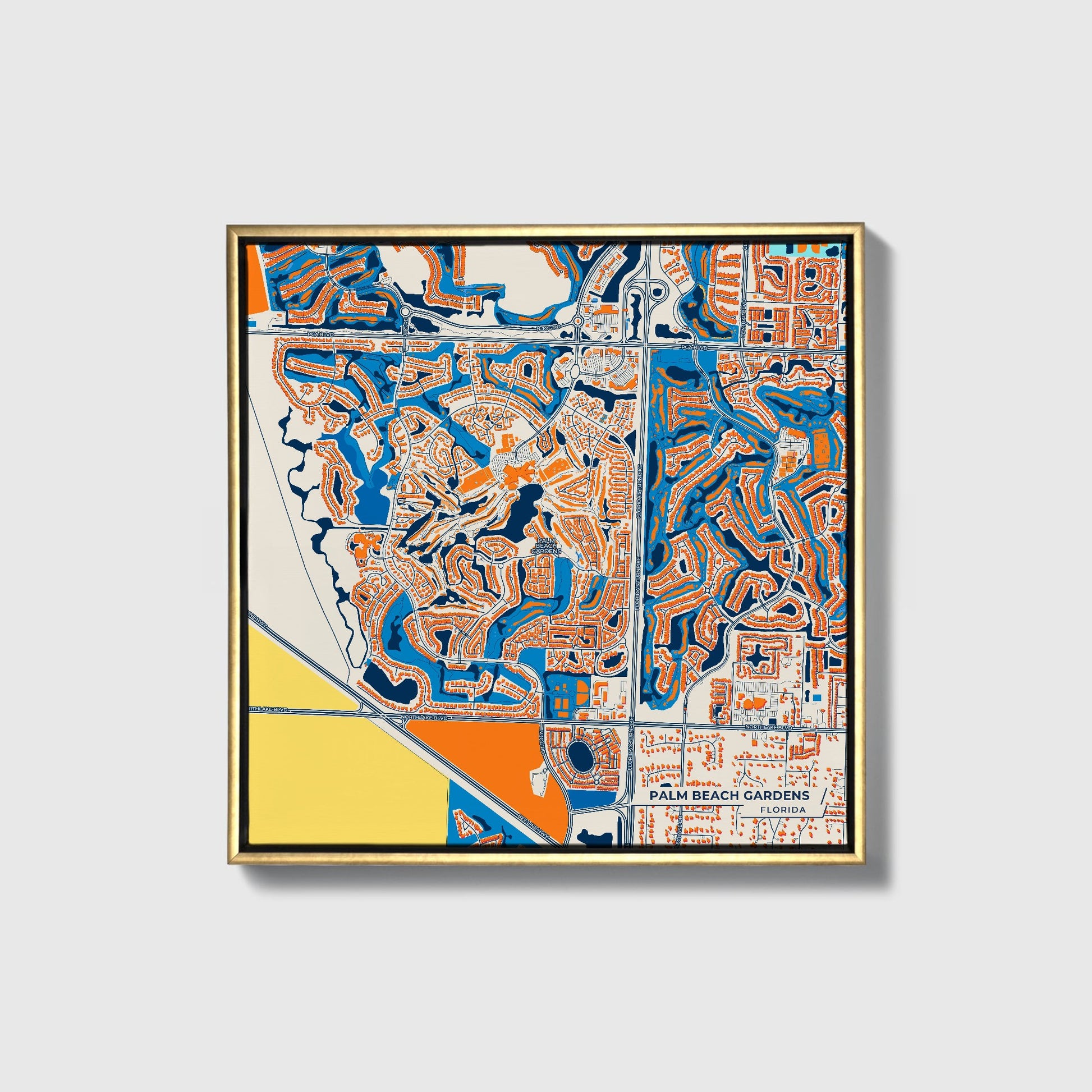 Palm Beach Gardens Florida Colorful City Map Canvas Print • Gold Framed