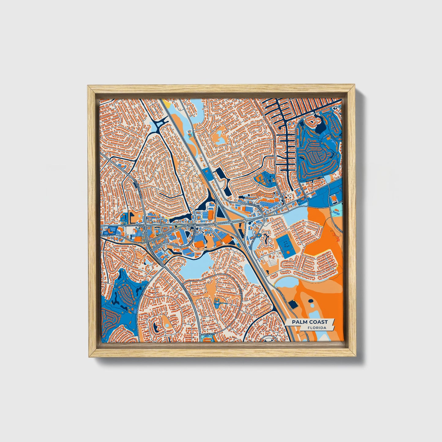 Palm Coast Florida Colorful City Map Canvas Print • Natural Wooden Framed