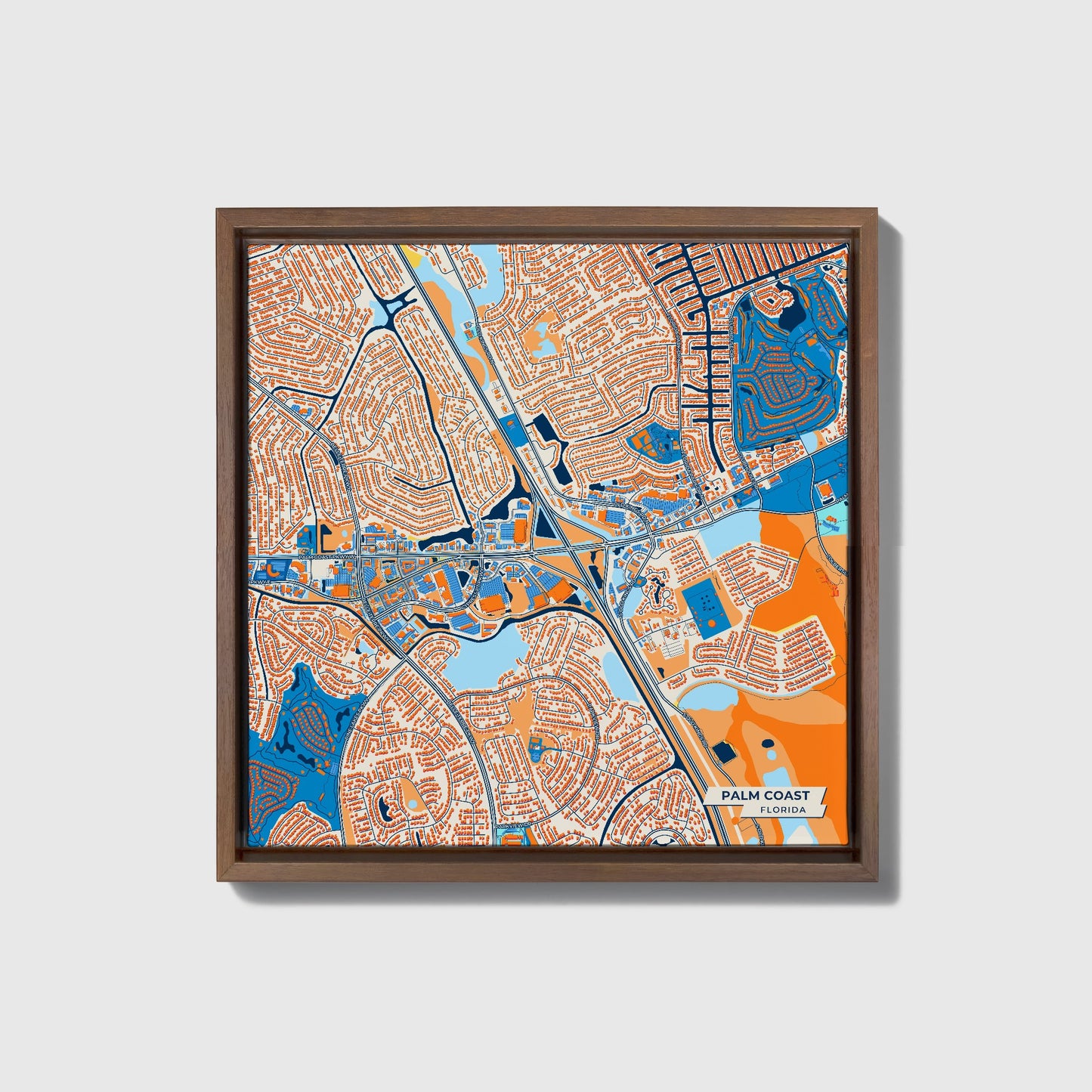 Palm Coast Florida Colorful City Map Canvas Print • Dark Wooden Framed