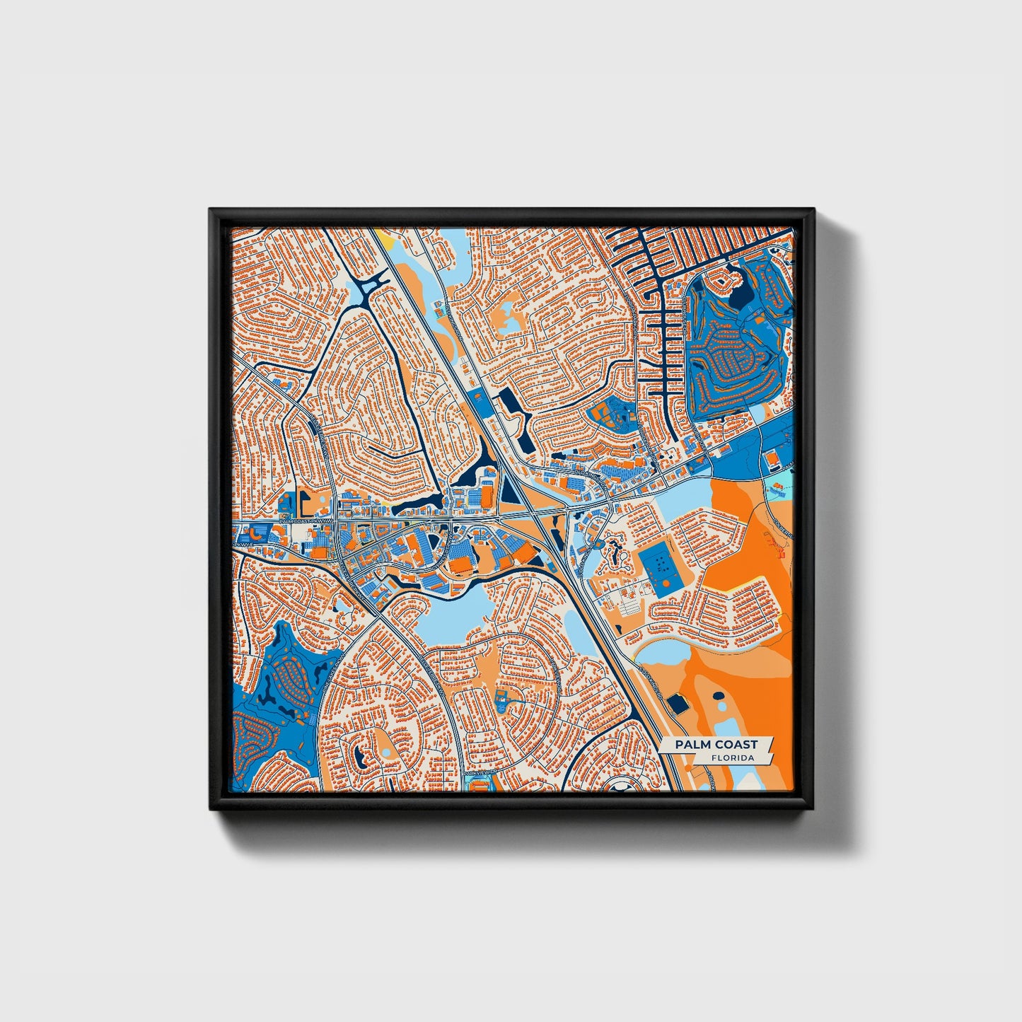 Palm Coast Florida Colorful City Map Canvas Print • Black Framed