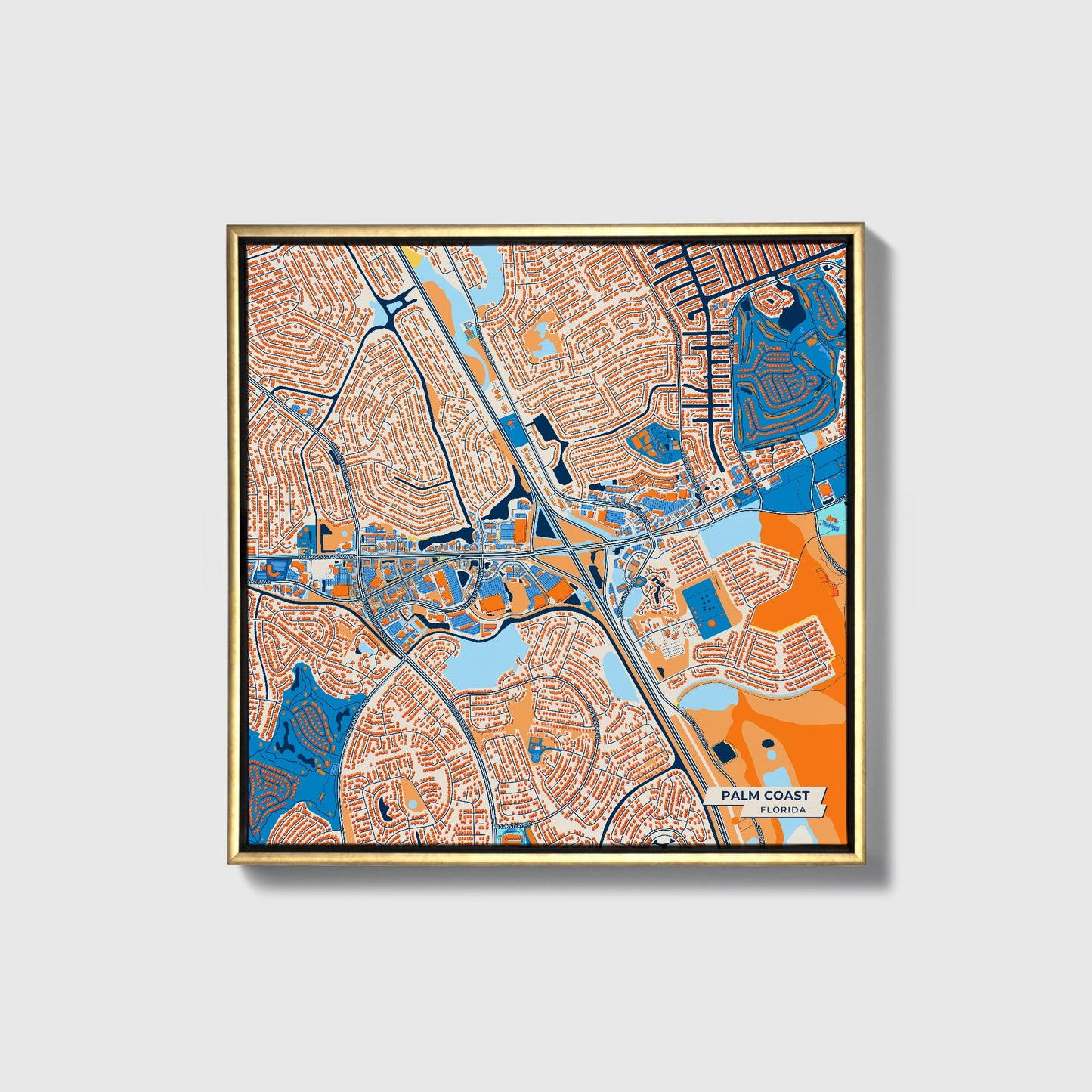 Palm Coast Florida Colorful City Map Canvas Print • Gold Framed