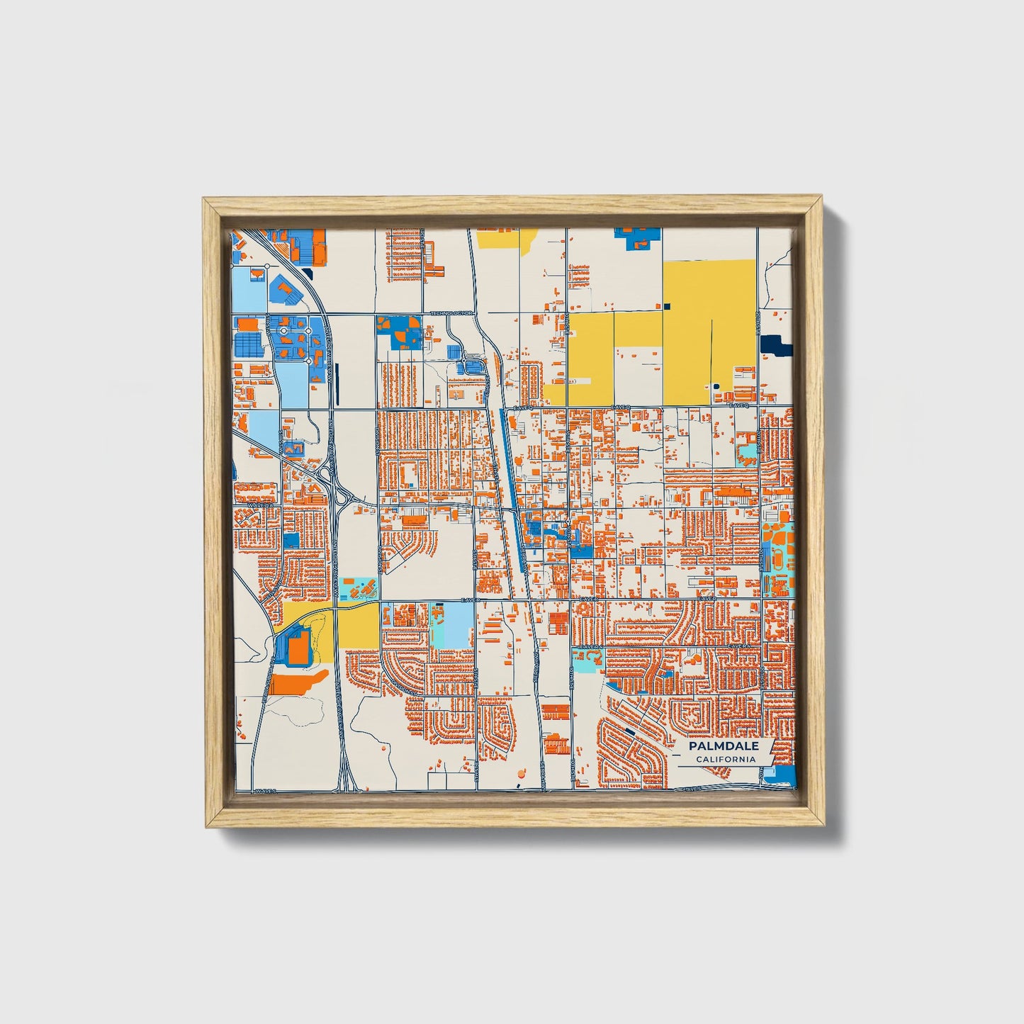 Palmdale California Colorful City Map Canvas Print • Natural Wooden Framed