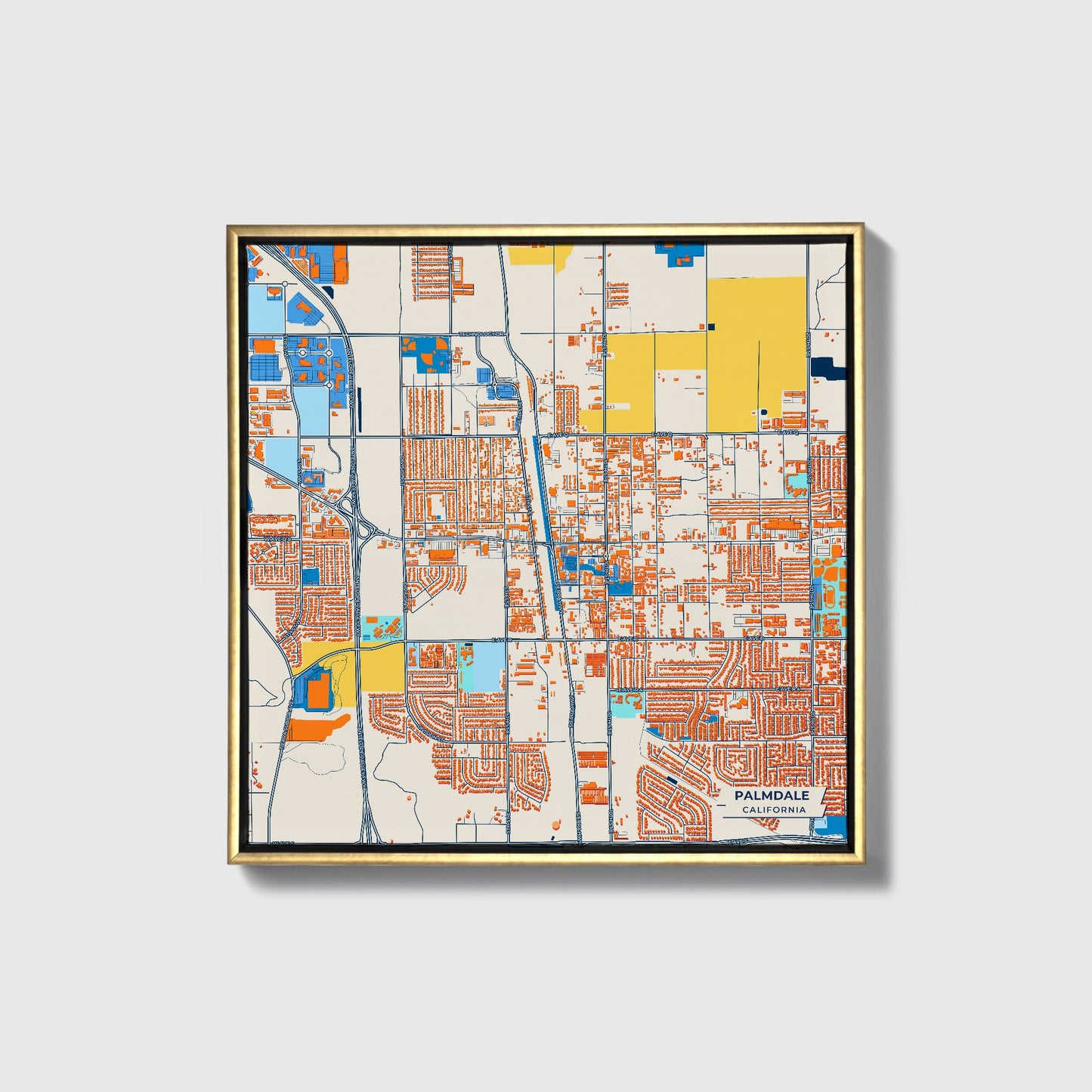 Palmdale California Colorful City Map Canvas Print • Gold Framed