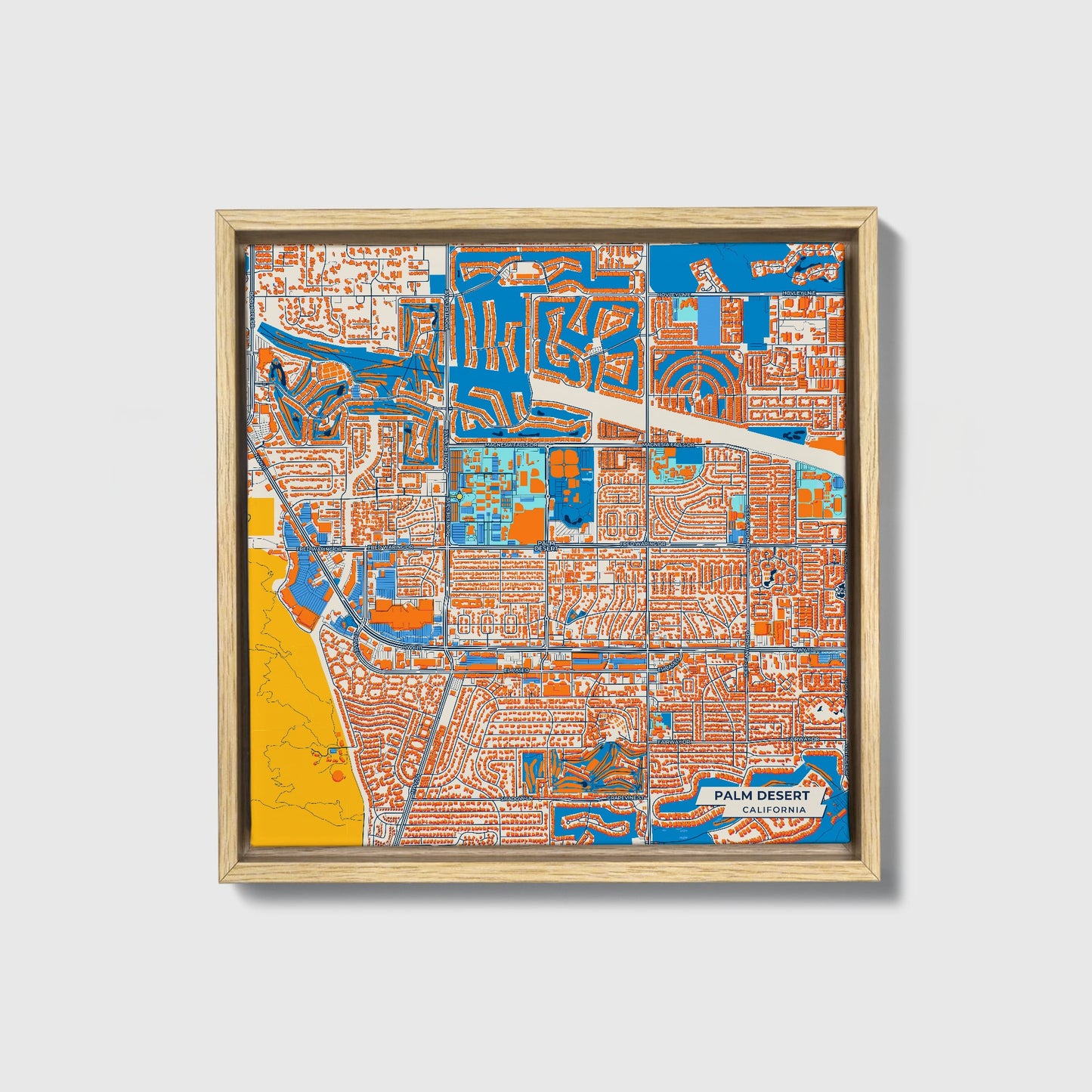 Palm Desert California Colorful City Map Canvas Print • Natural Wooden Framed