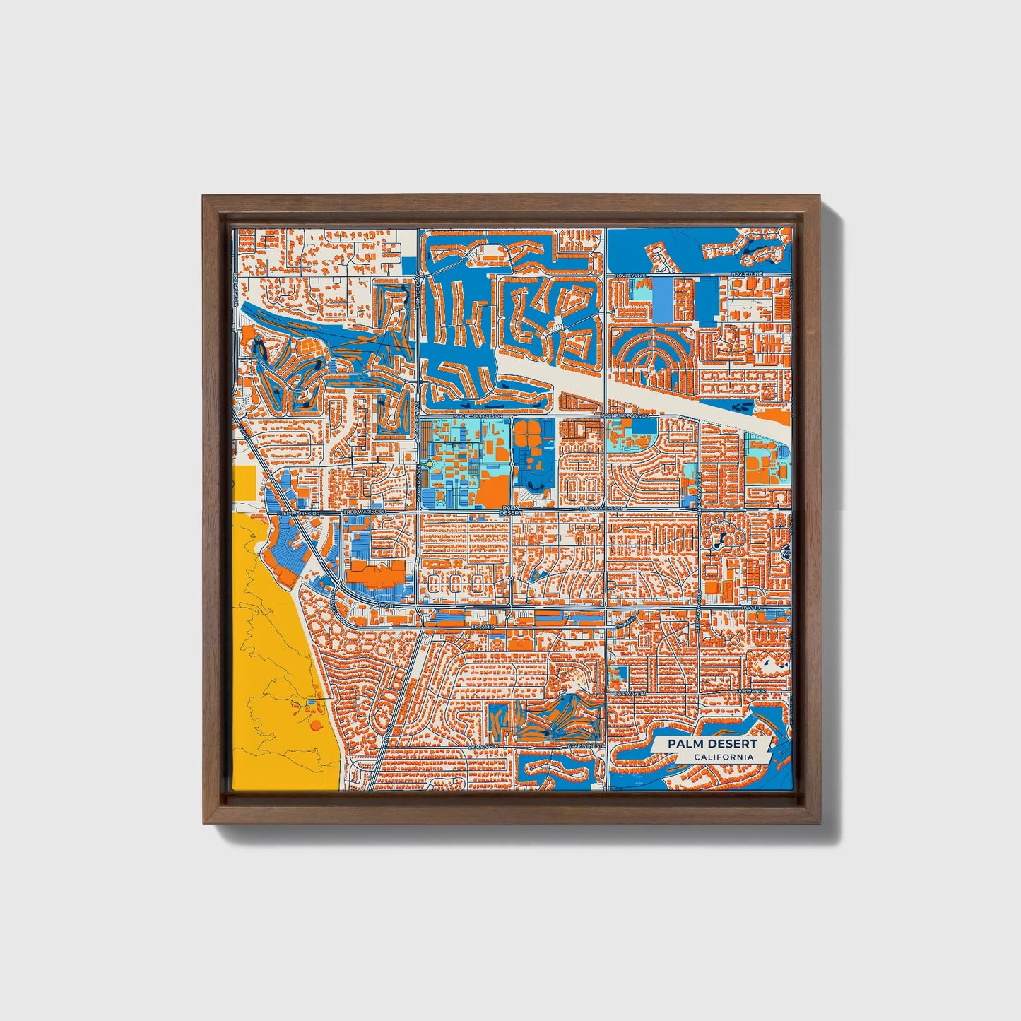 Palm Desert California Colorful City Map Canvas Print • Dark Wooden Framed