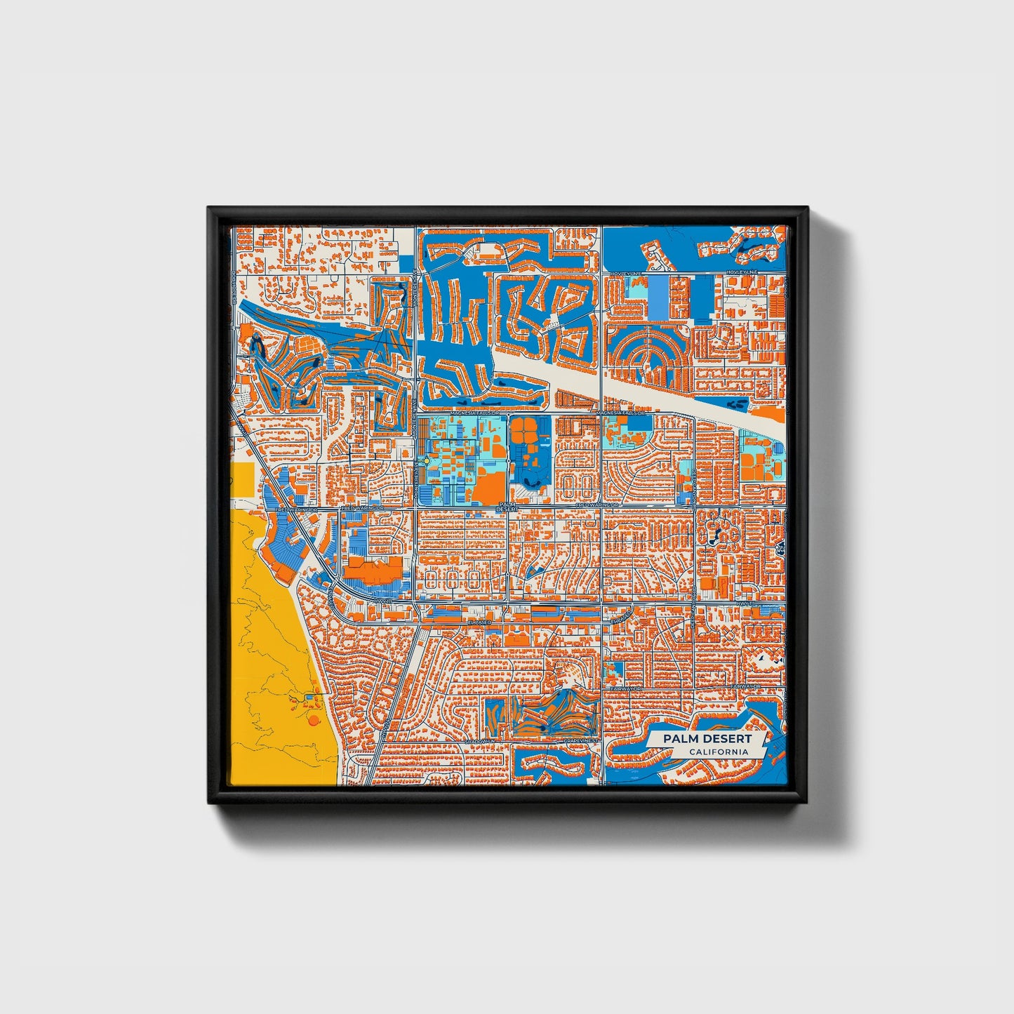 Palm Desert California Colorful City Map Canvas Print • Black Framed