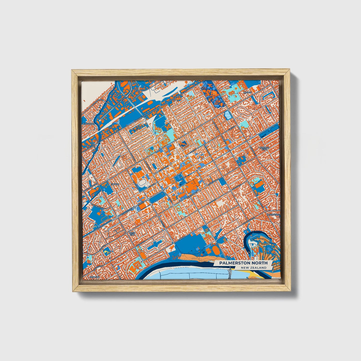 Palmerston North New Zealand Colorful City Map Canvas Print • Natural Wooden Framed