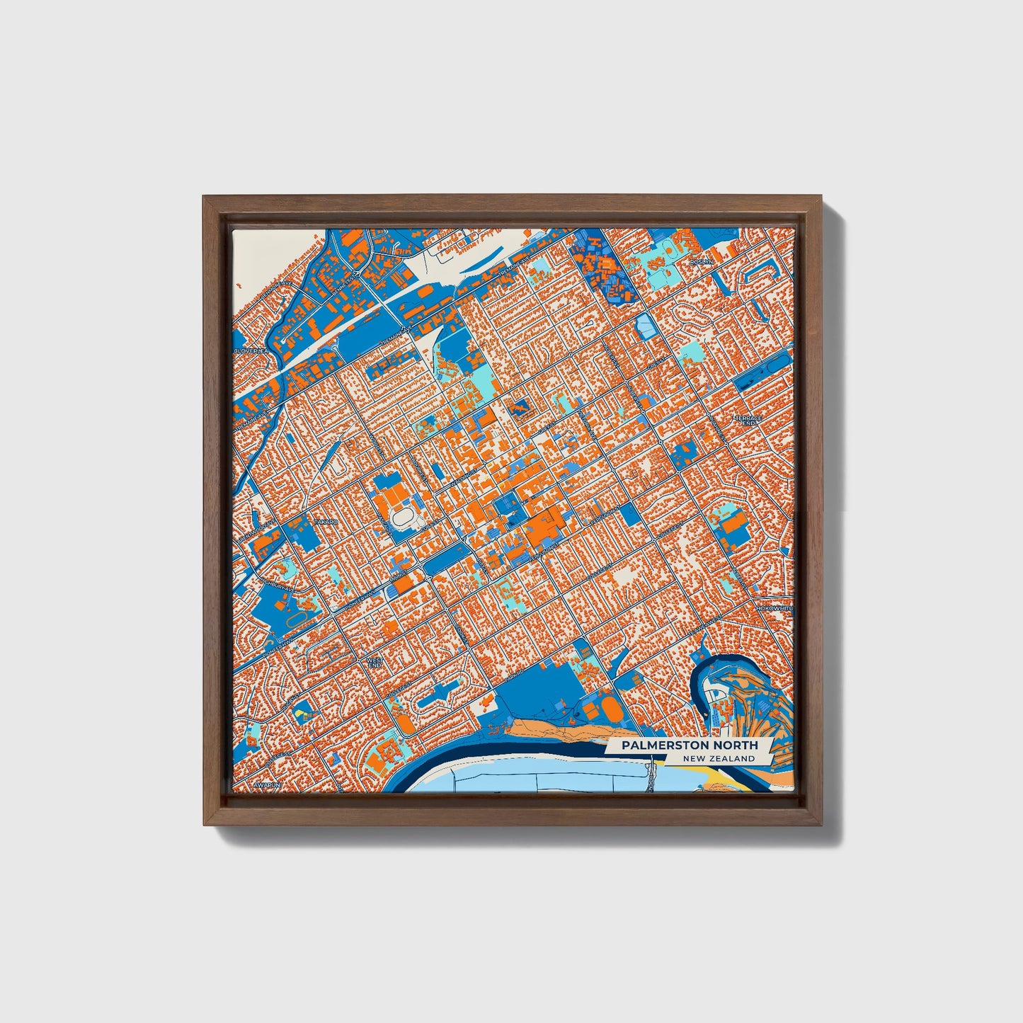 Palmerston North New Zealand Colorful City Map Canvas Print • Dark Wooden Framed