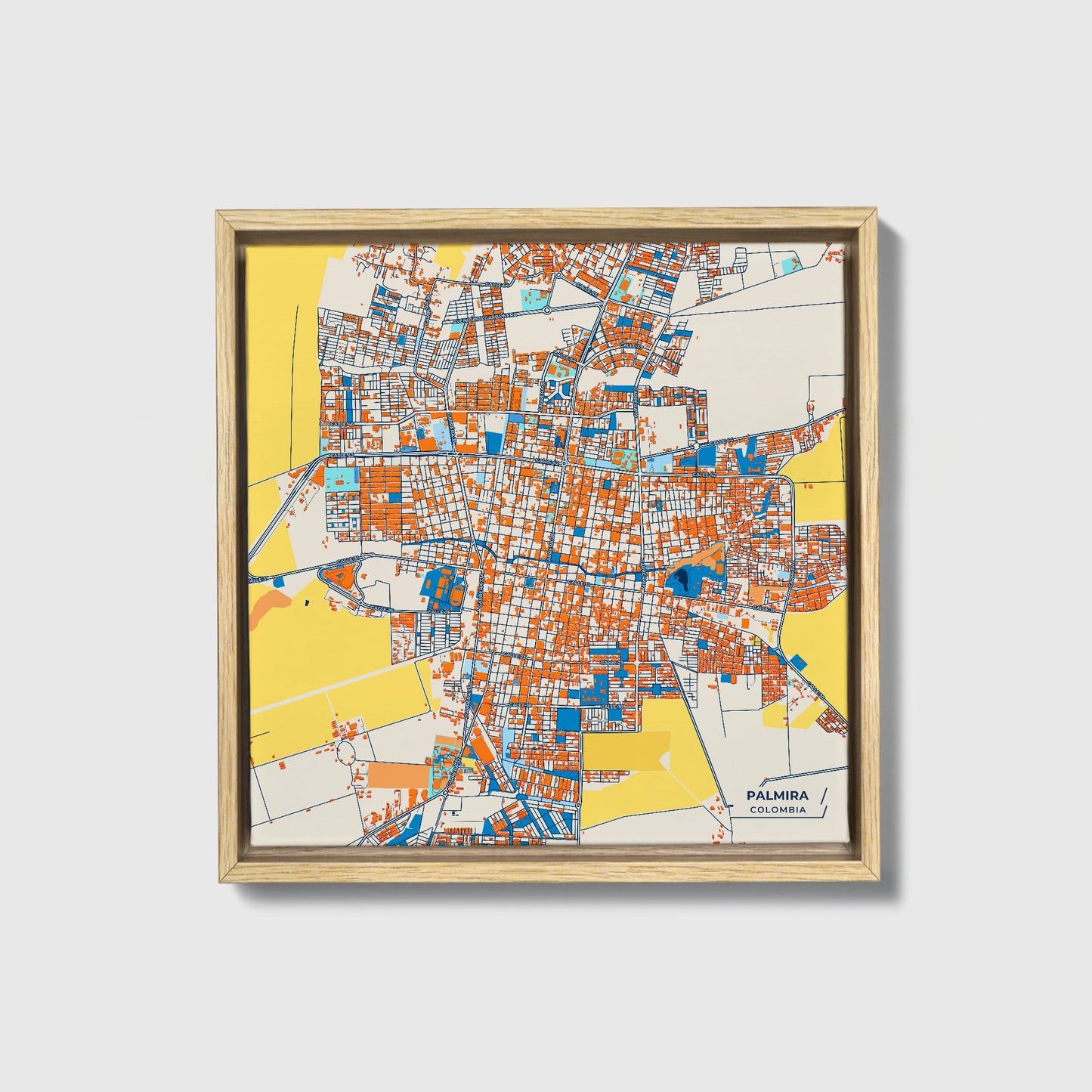 Palmira Colombia Colorful City Map Canvas Print • Natural Wooden Framed