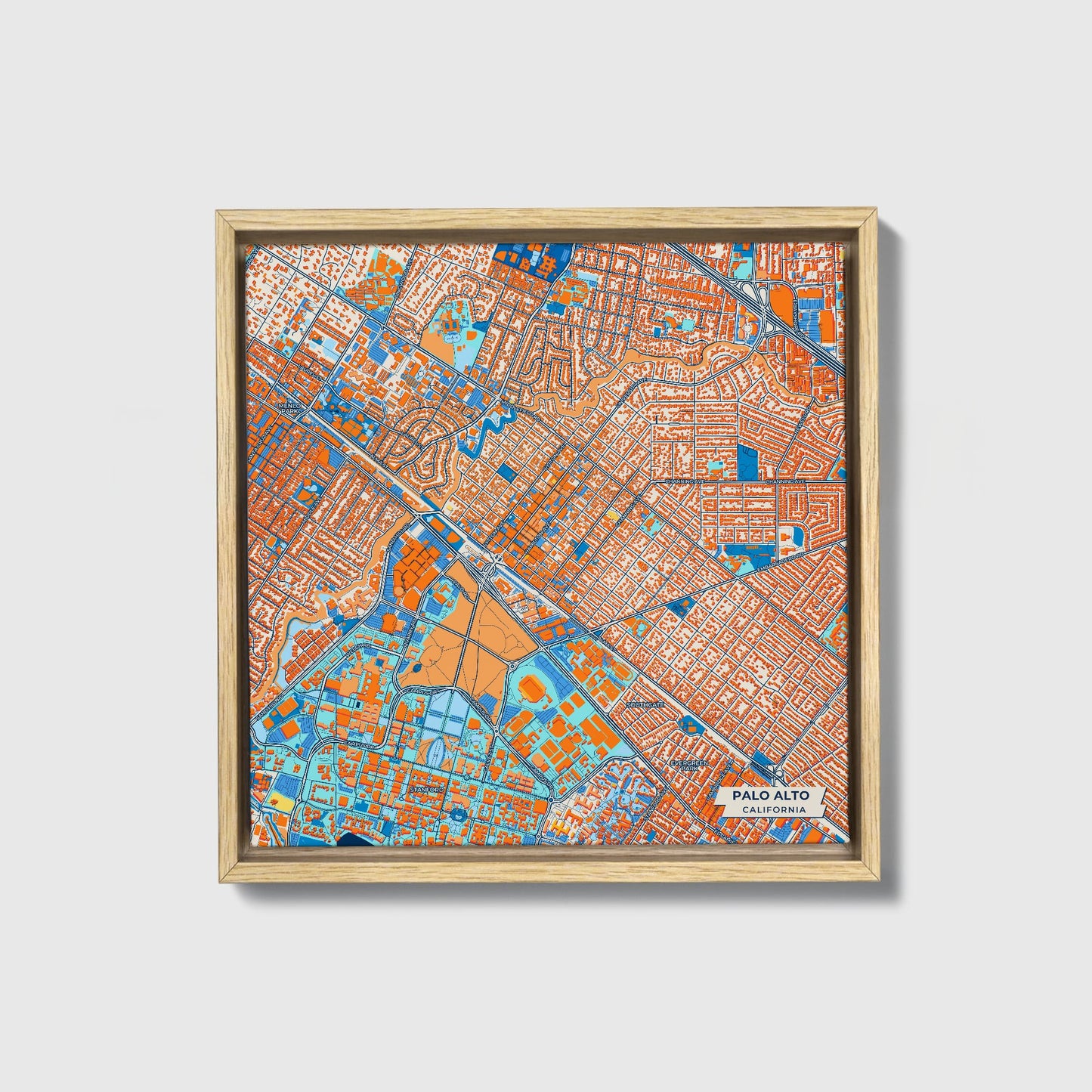Palo Alto California Colorful City Map Canvas Print • Natural Wooden Framed