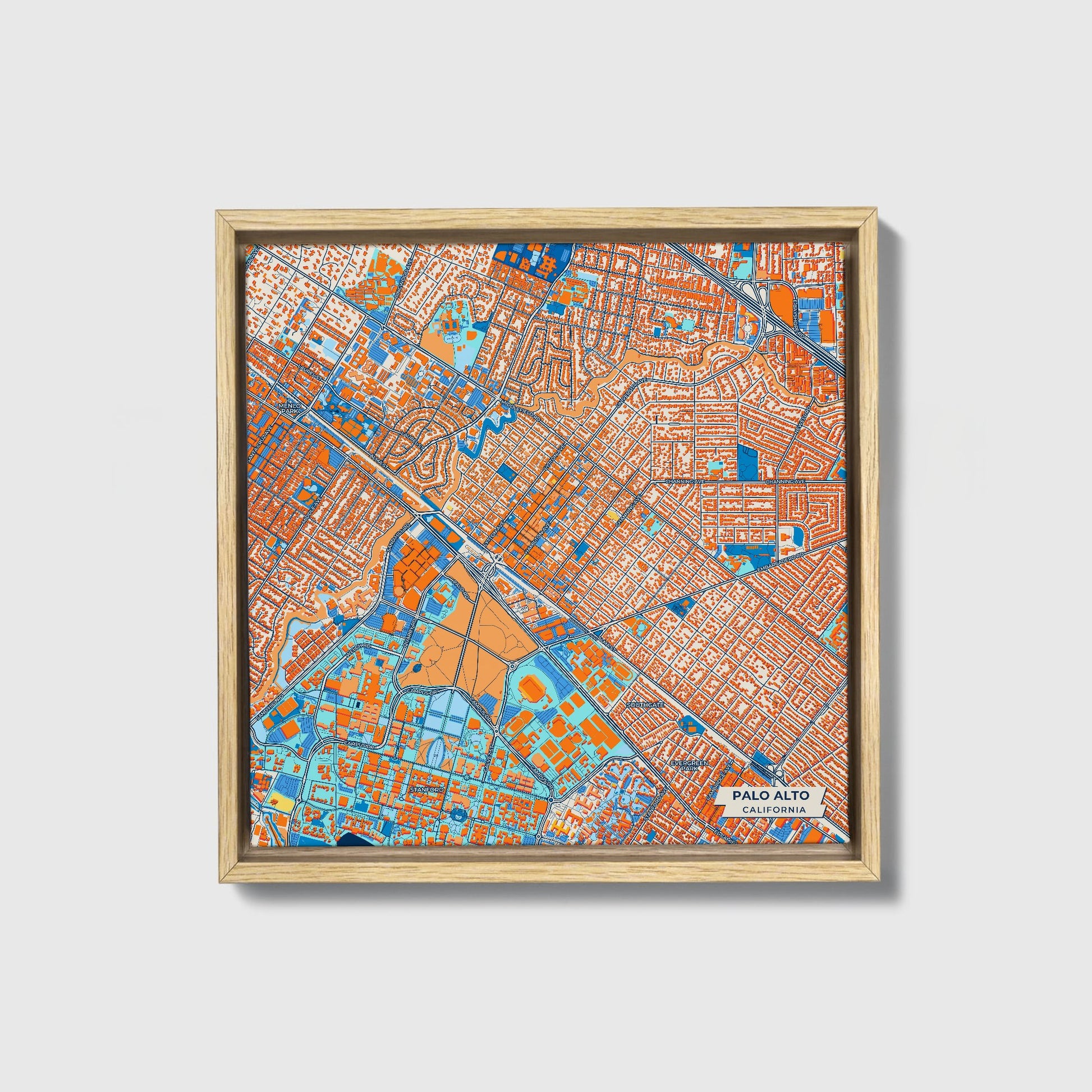 Palo Alto California Colorful City Map Canvas Print • Natural Wooden Framed