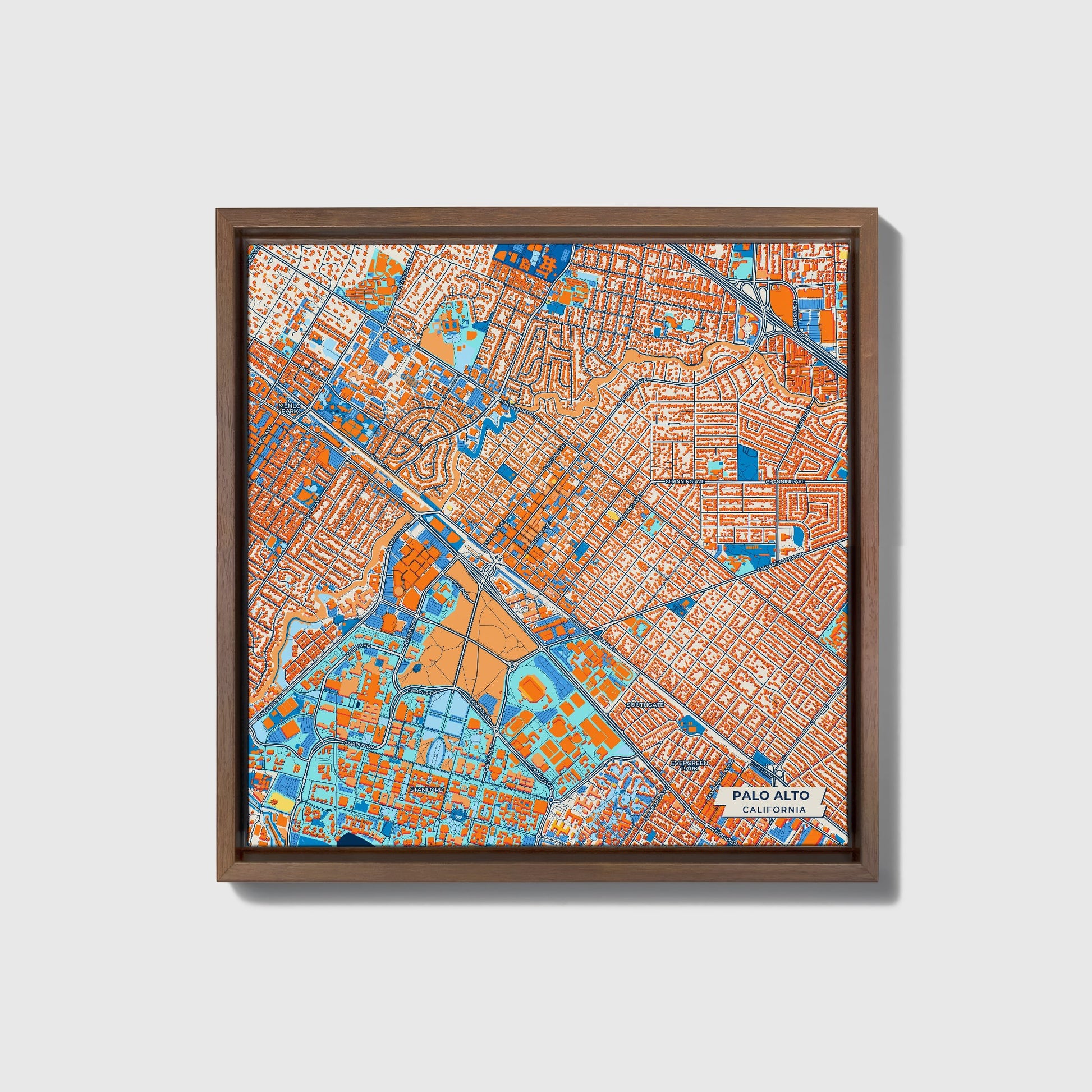Palo Alto California Colorful City Map Canvas Print • Dark Wooden Framed