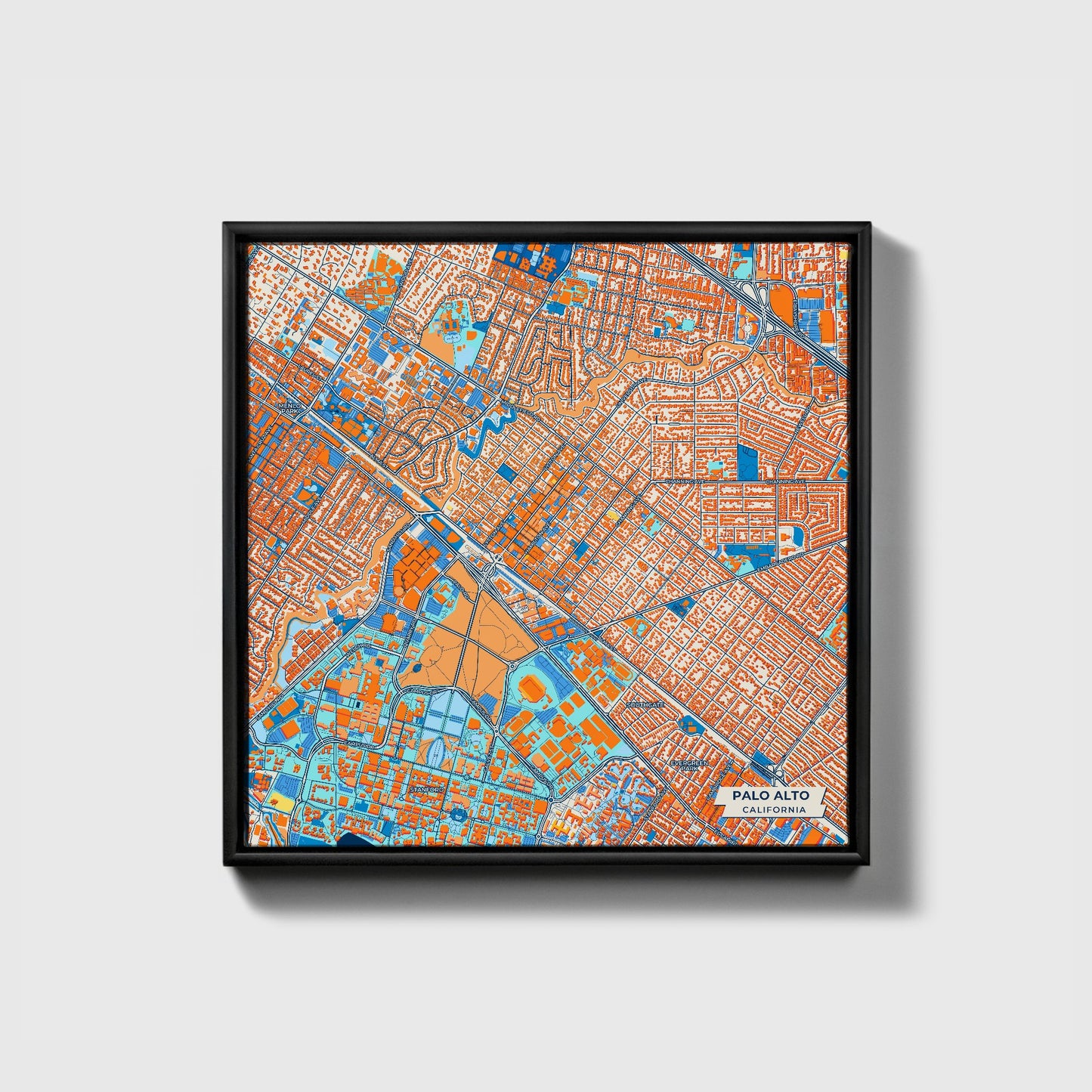 Palo Alto California Colorful City Map Canvas Print • Black Framed