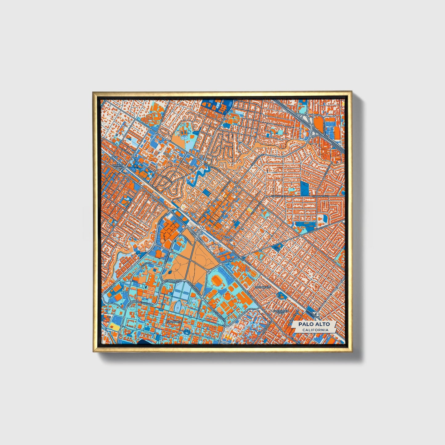 Palo Alto California Colorful City Map Canvas Print • Gold Framed