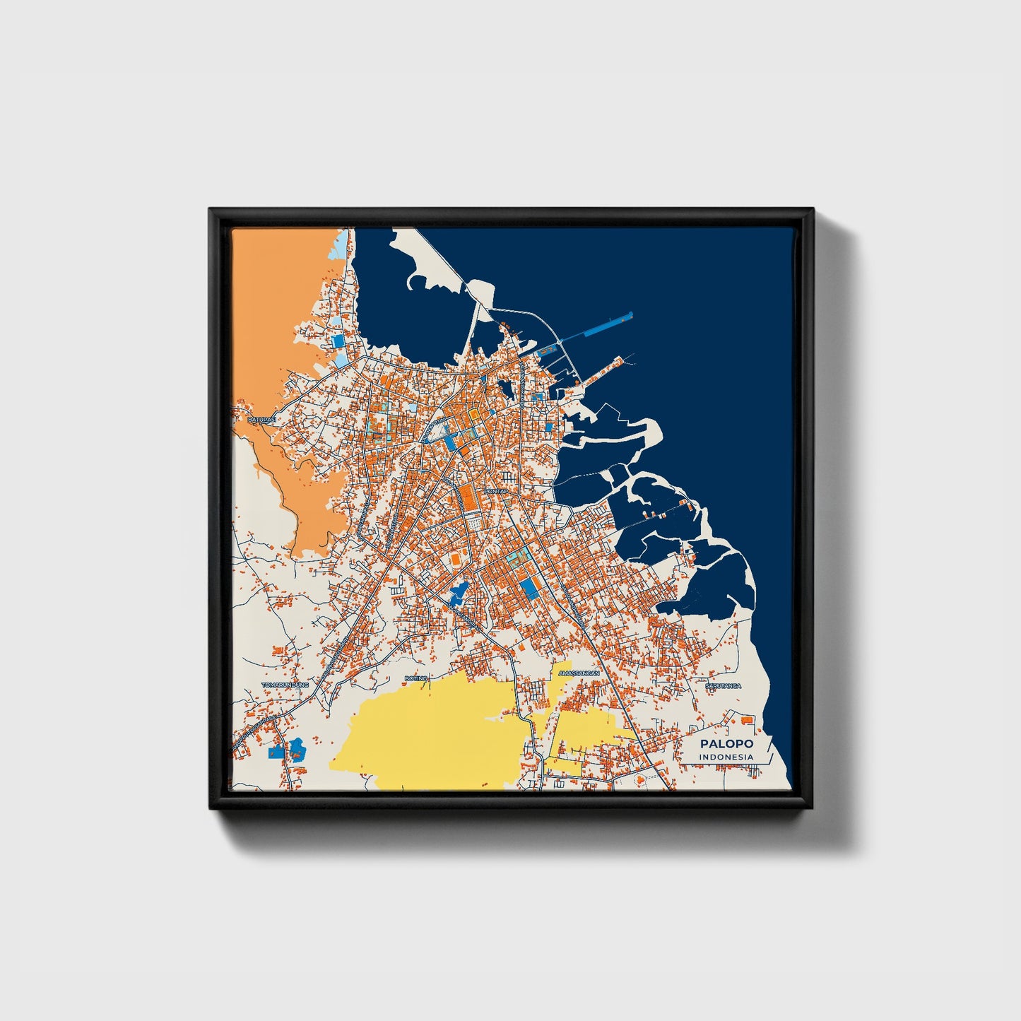 Palopo Indonesia Colorful City Map Canvas Print • Black Framed