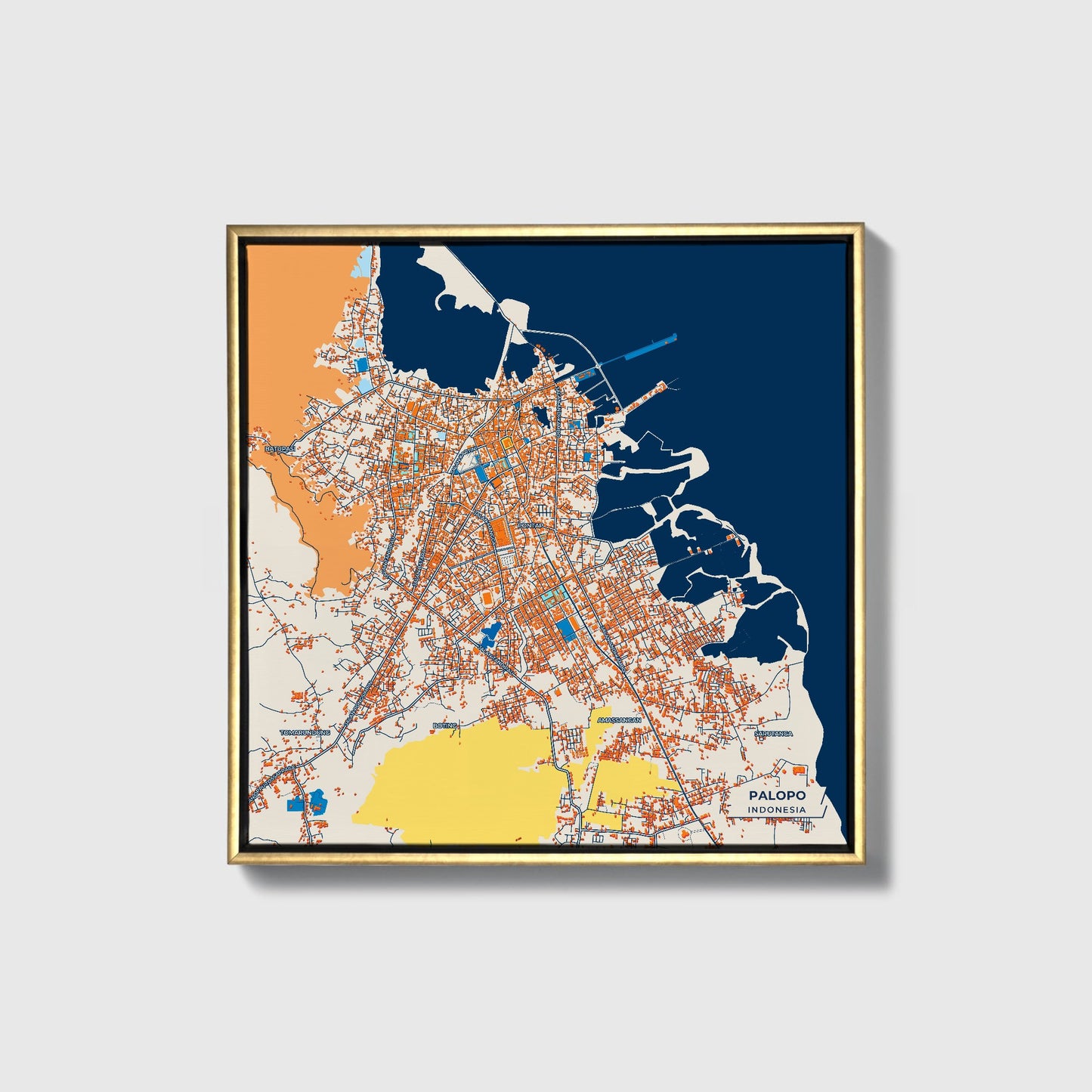 Palopo Indonesia Colorful City Map Canvas Print • Gold Framed