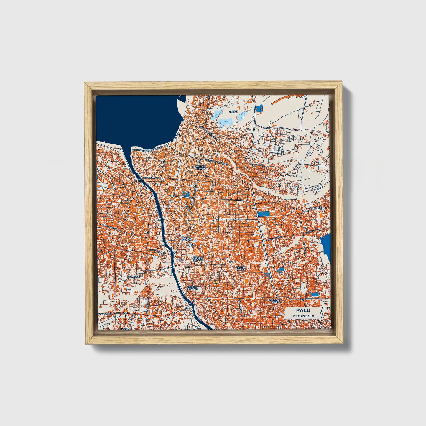 Palu Indonesia Colorful City Map Canvas Print • Natural Wooden Framed