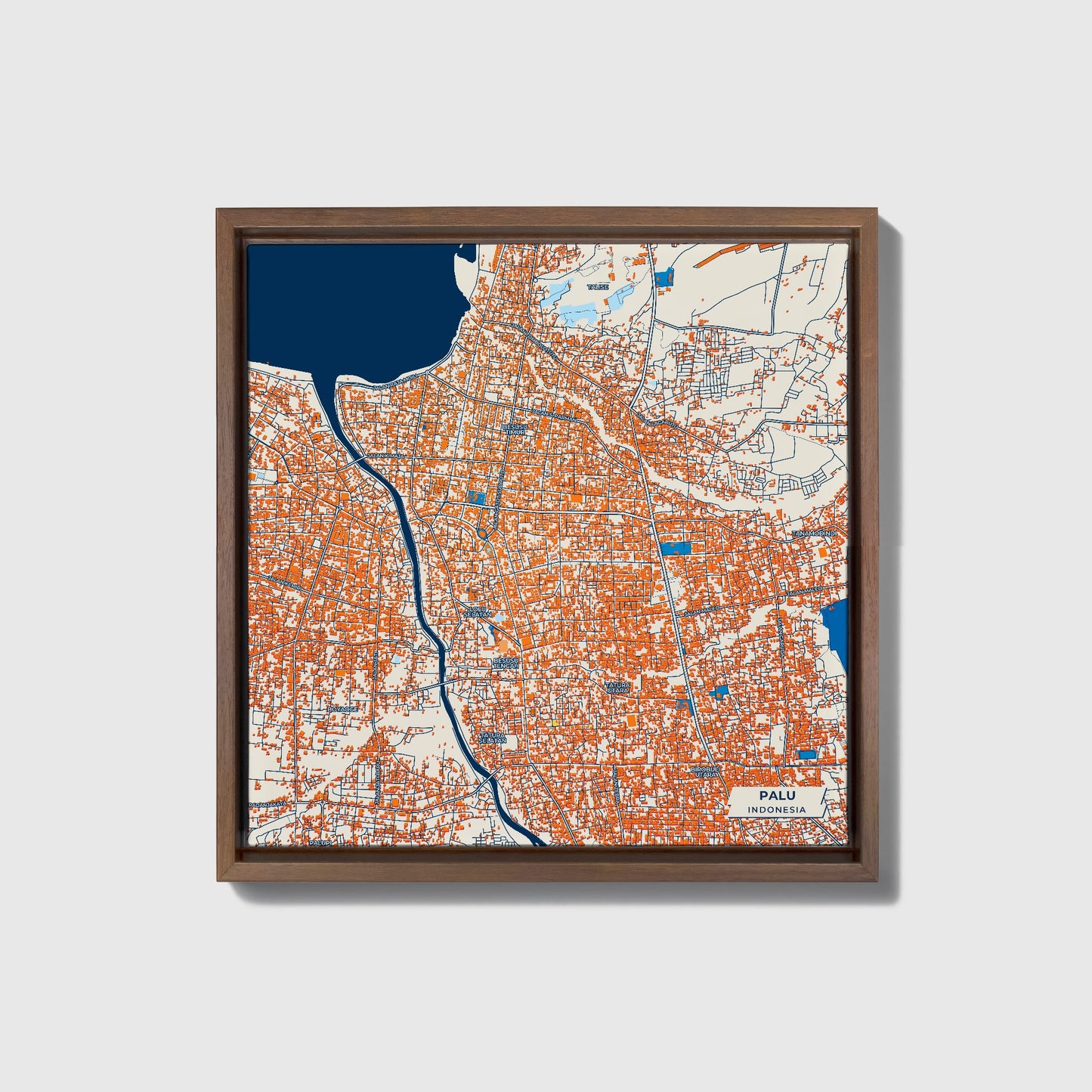 Palu Indonesia Colorful City Map Canvas Print • Dark Wooden Framed