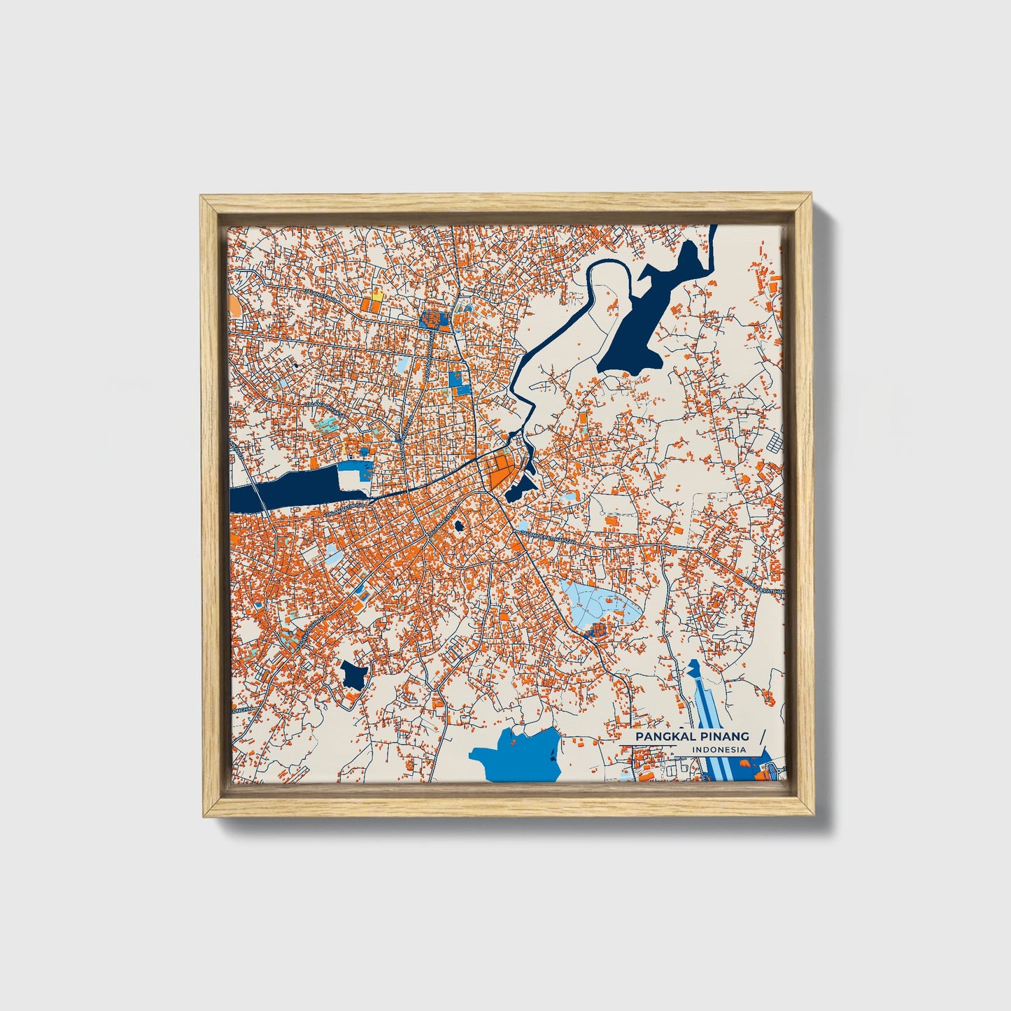 Pangkal Pinang Indonesia Colorful City Map Canvas Print • Natural Wooden Framed