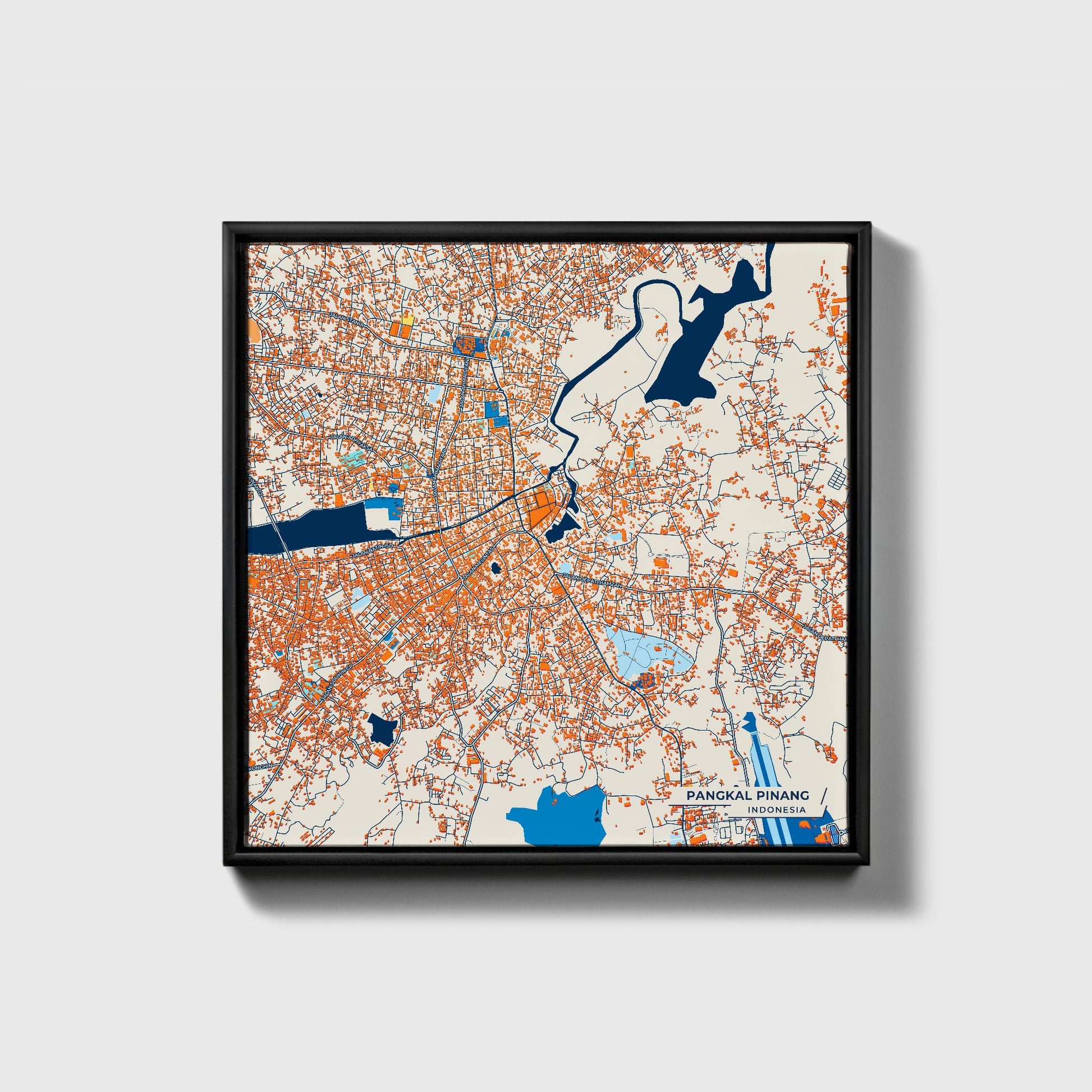 Pangkal Pinang Indonesia Colorful City Map Canvas Print • Black Framed