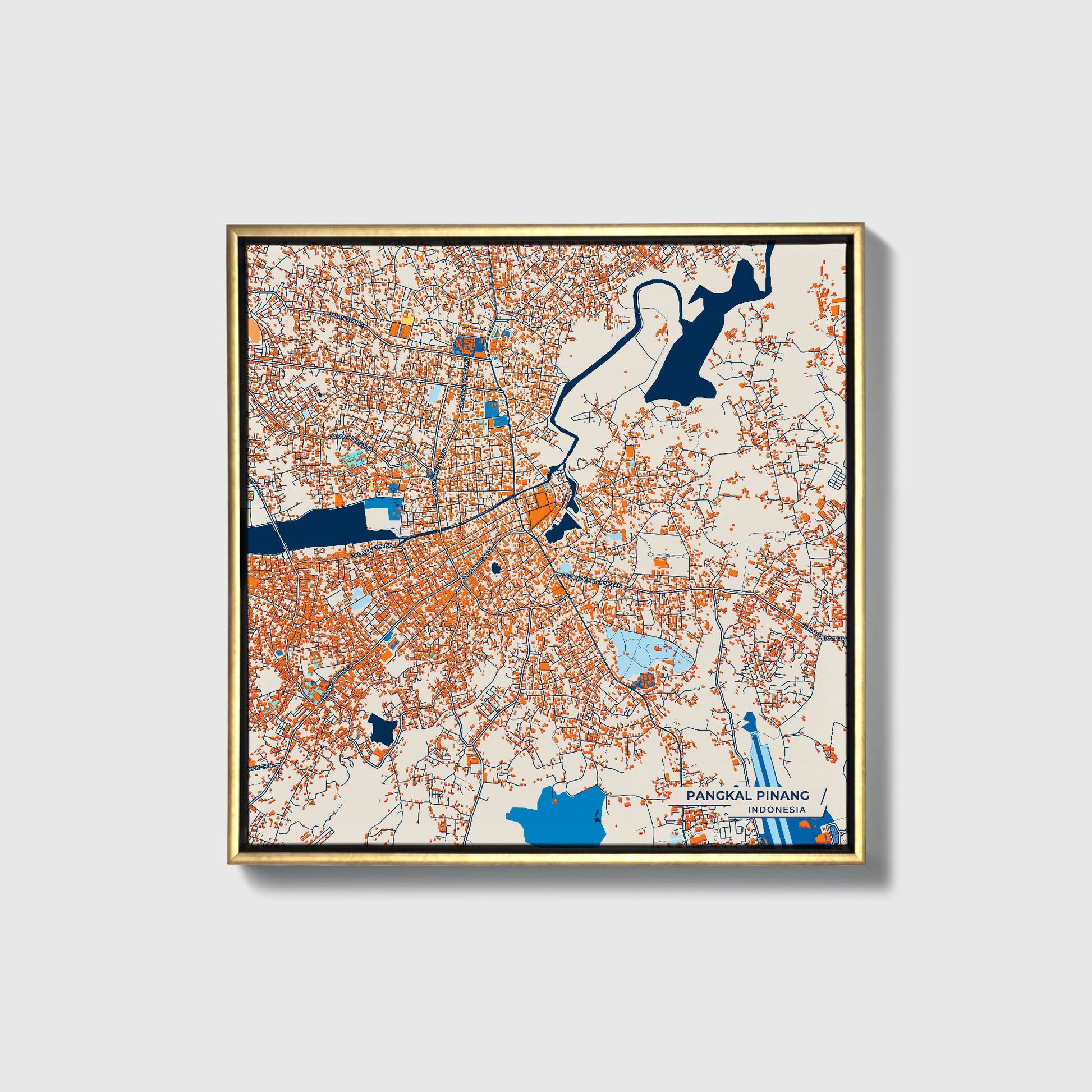 Pangkal Pinang Indonesia Colorful City Map Canvas Print • Gold Framed