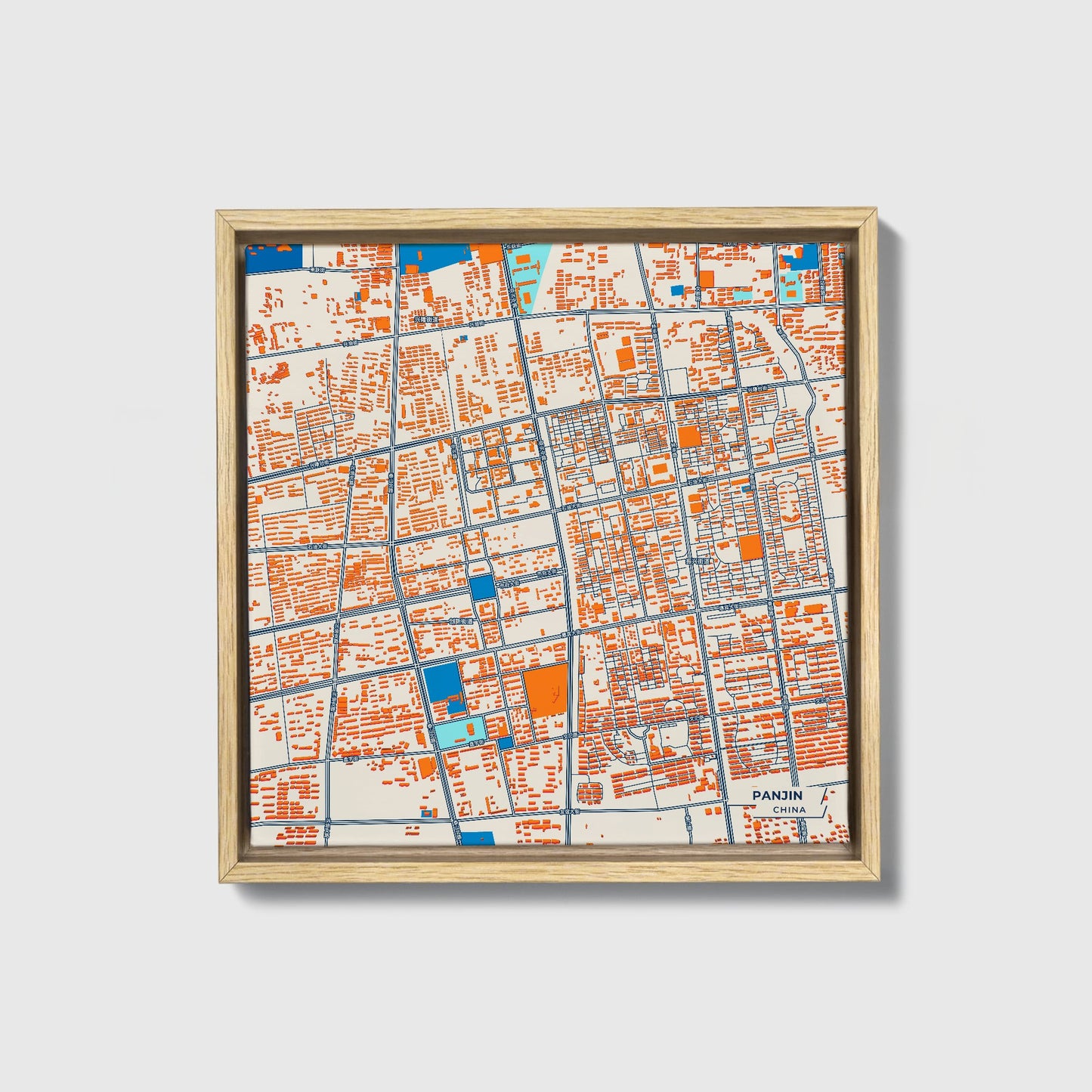 Panjin China Colorful City Map Canvas Print • Natural Wooden Framed