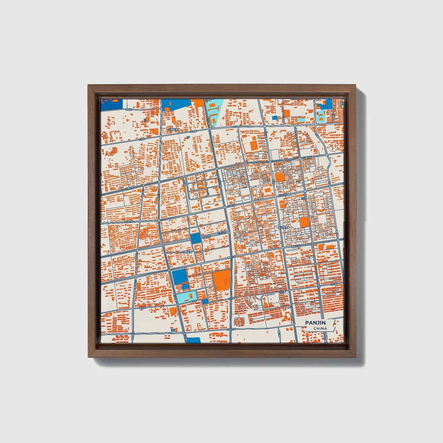 Panjin China Colorful City Map Canvas Print • Dark Wooden Framed