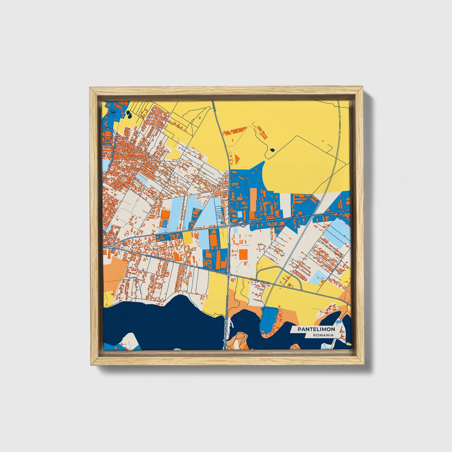 Pantelimon Romania Colorful City Map Canvas Print • Natural Wooden Framed