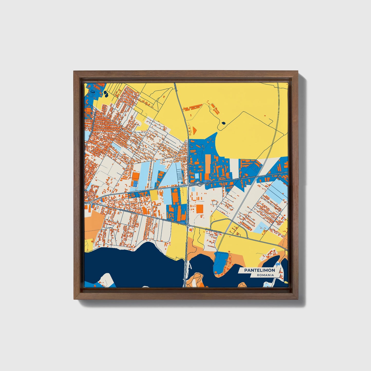 Pantelimon Romania Colorful City Map Canvas Print • Dark Wooden Framed