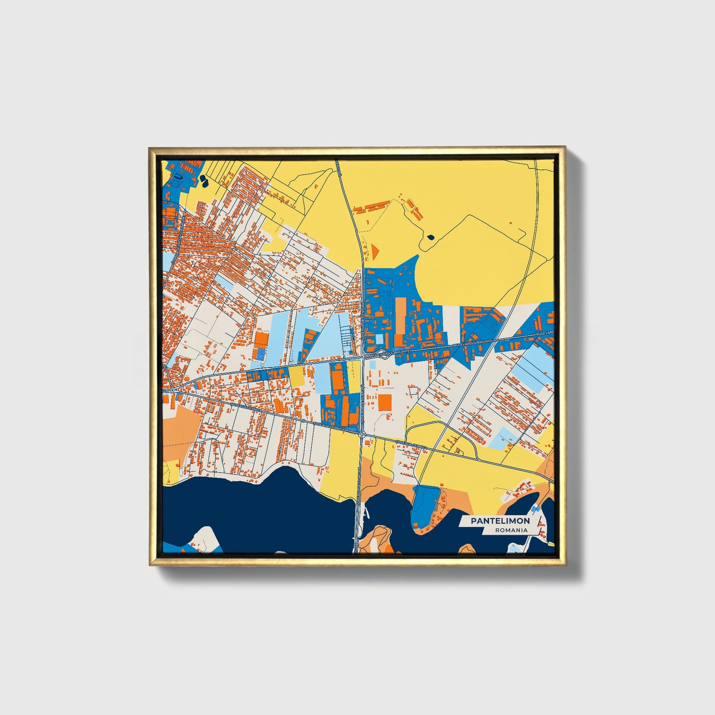 Pantelimon Romania Colorful City Map Canvas Print • Gold Framed